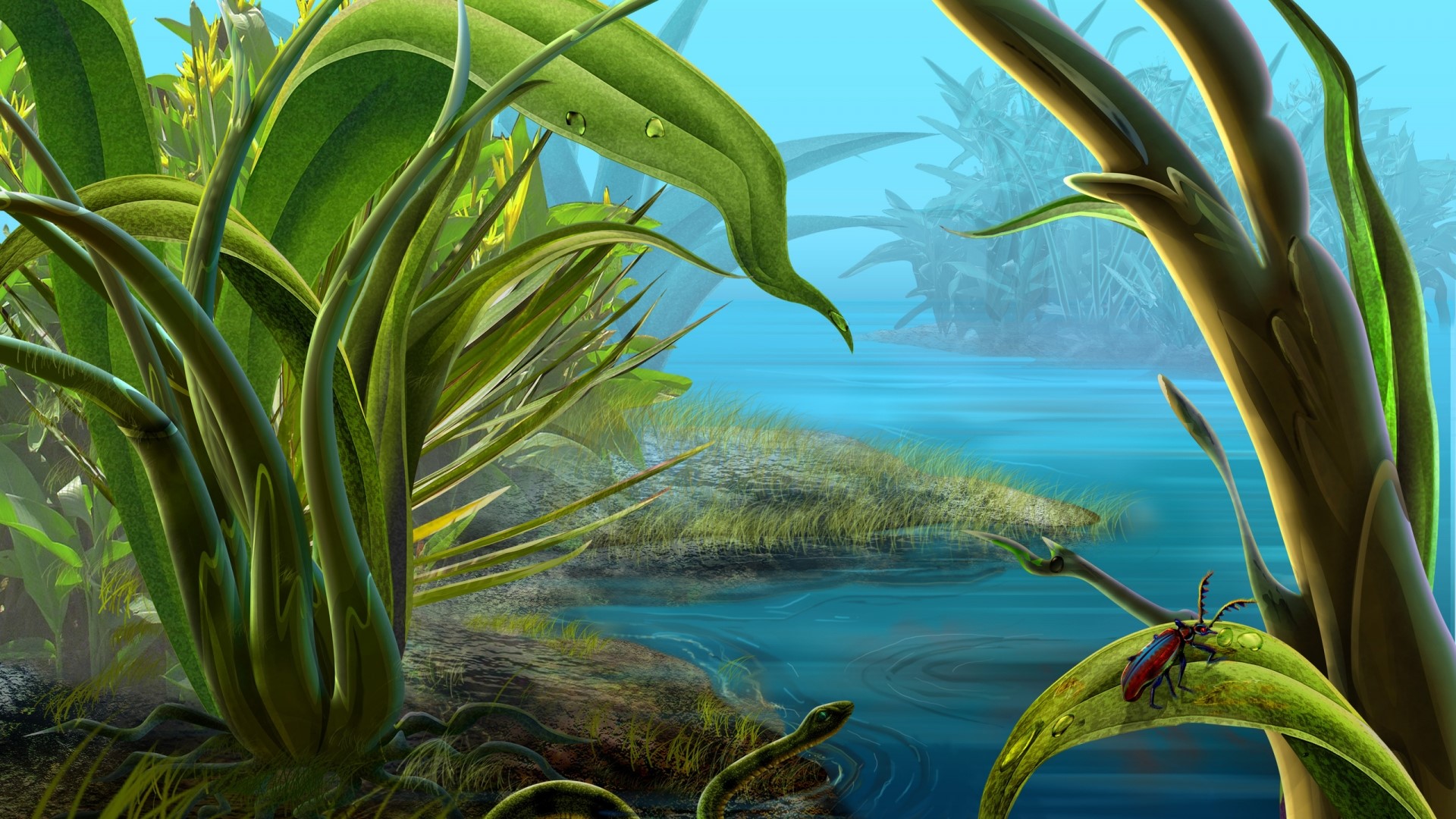 Exotic beetle on a leaf near water HD Wallpaper