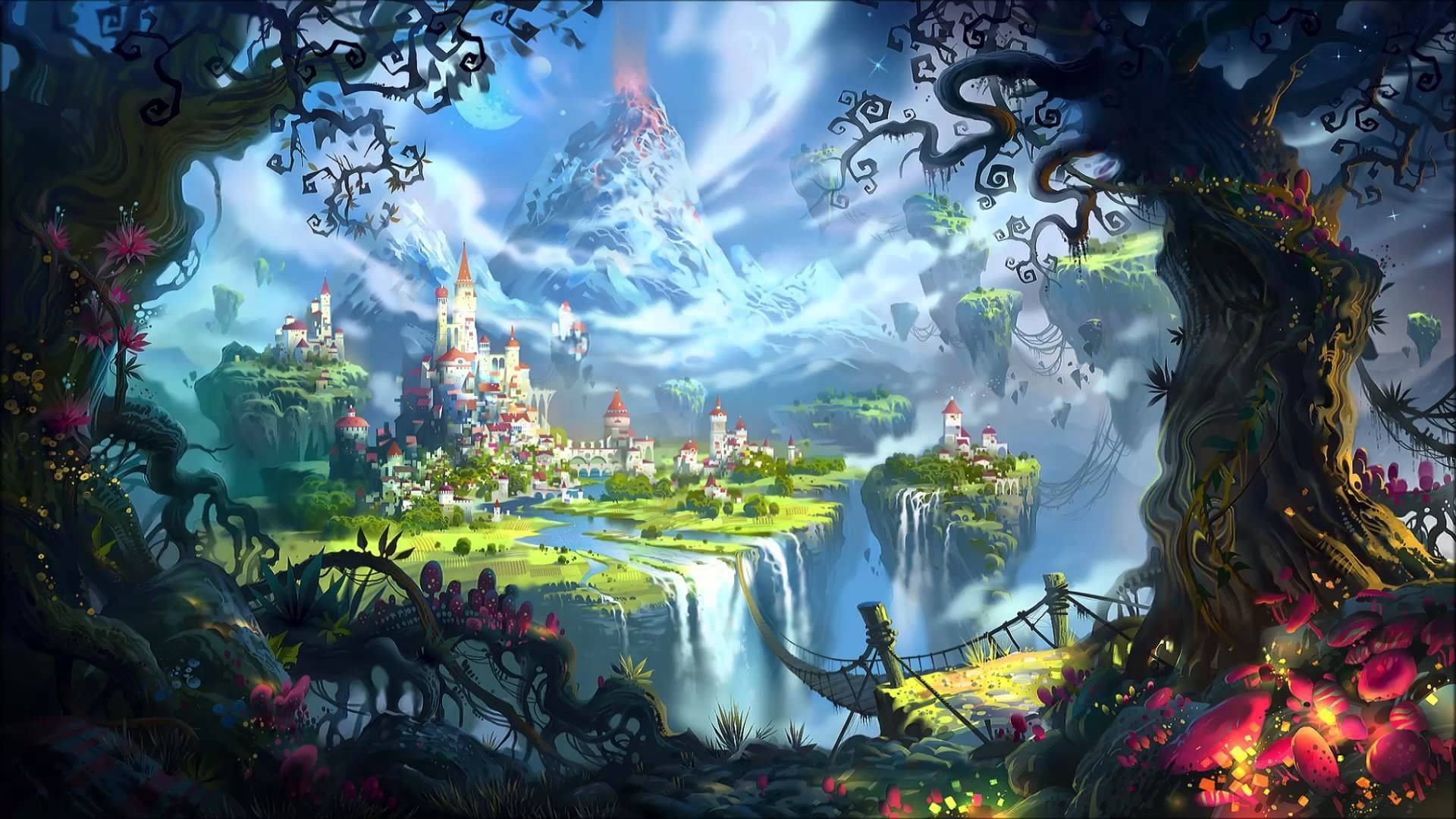 Fantasy floating islands with castles and a volcano HD Wallpaper