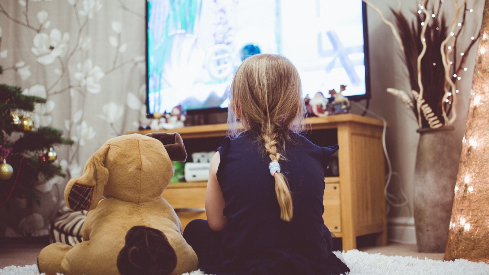 Child watching TV with stuffed animal HD Wallpaper