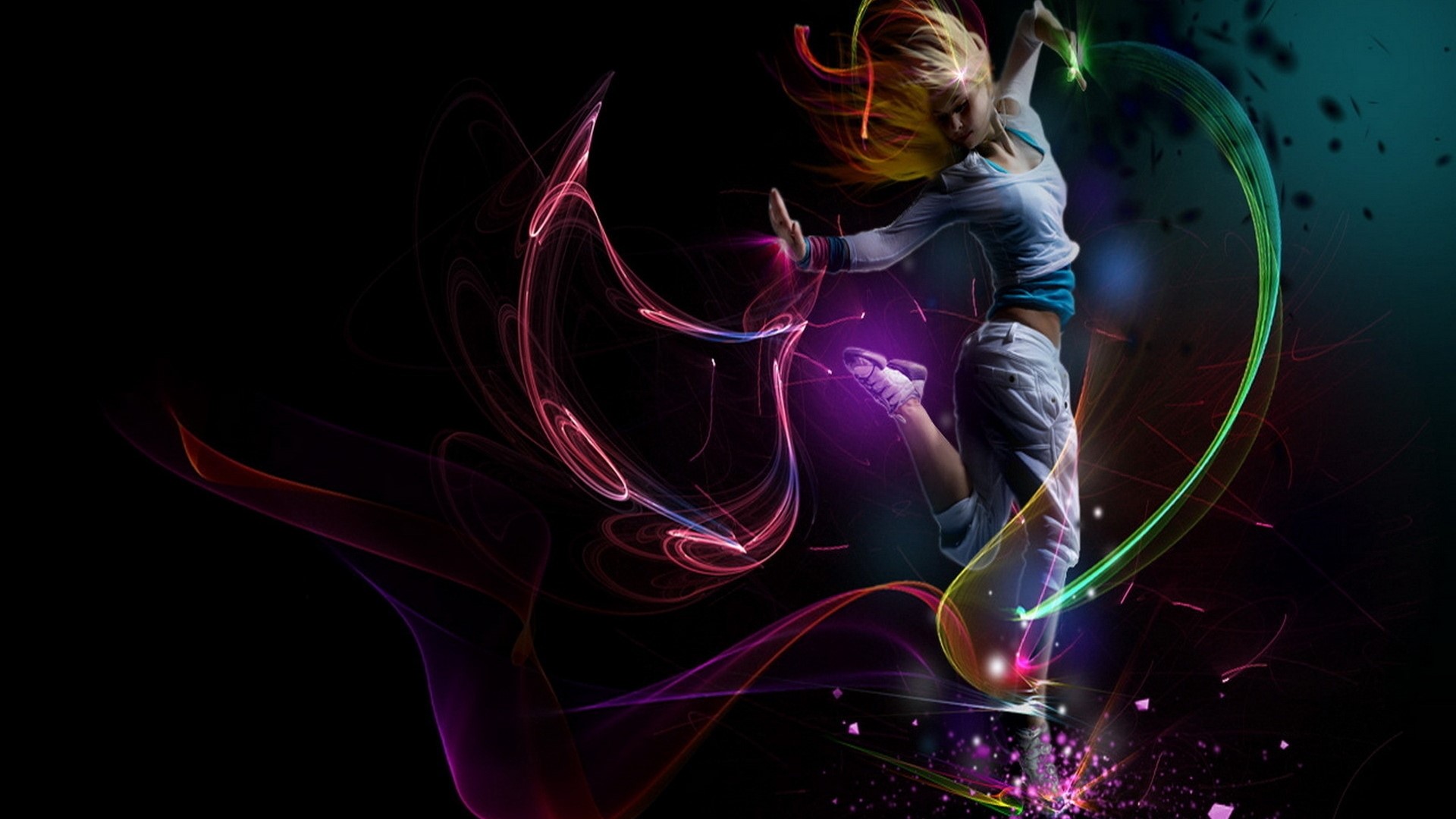 Girl dancing with colorful light trails HD Wallpaper