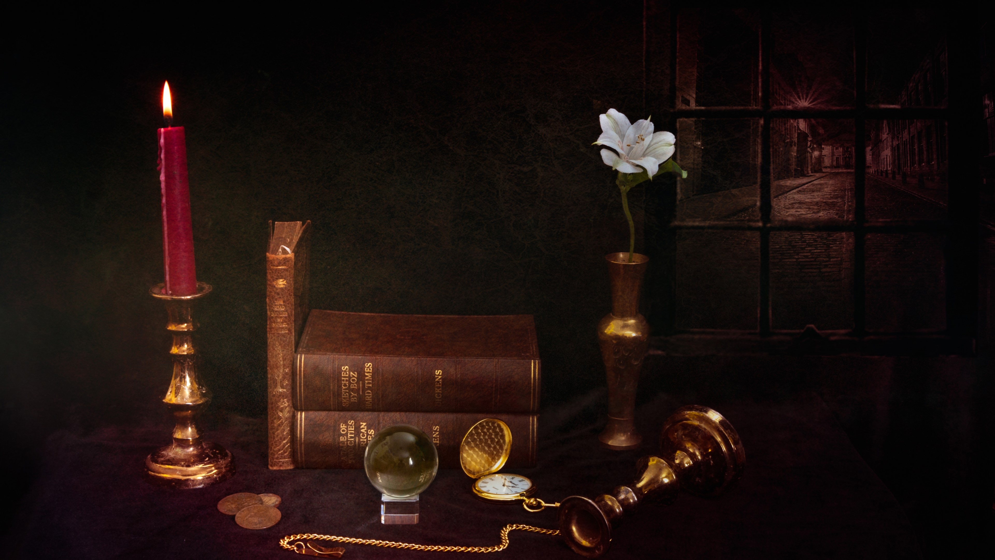 4K Still life with candle and books HD Wallpaper