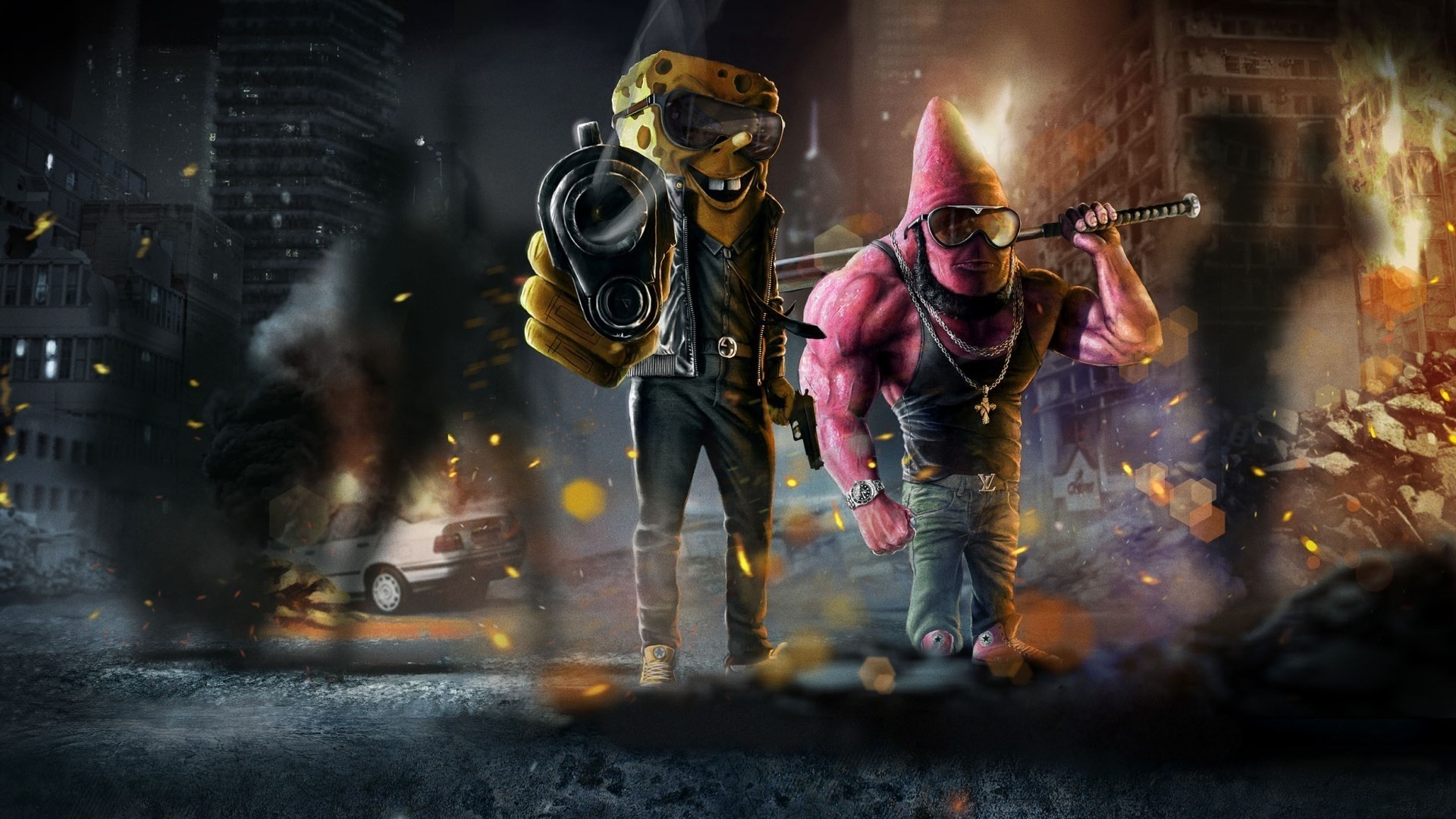 SpongeBob and Patrick in a post-apocalyptic city HD Wallpaper