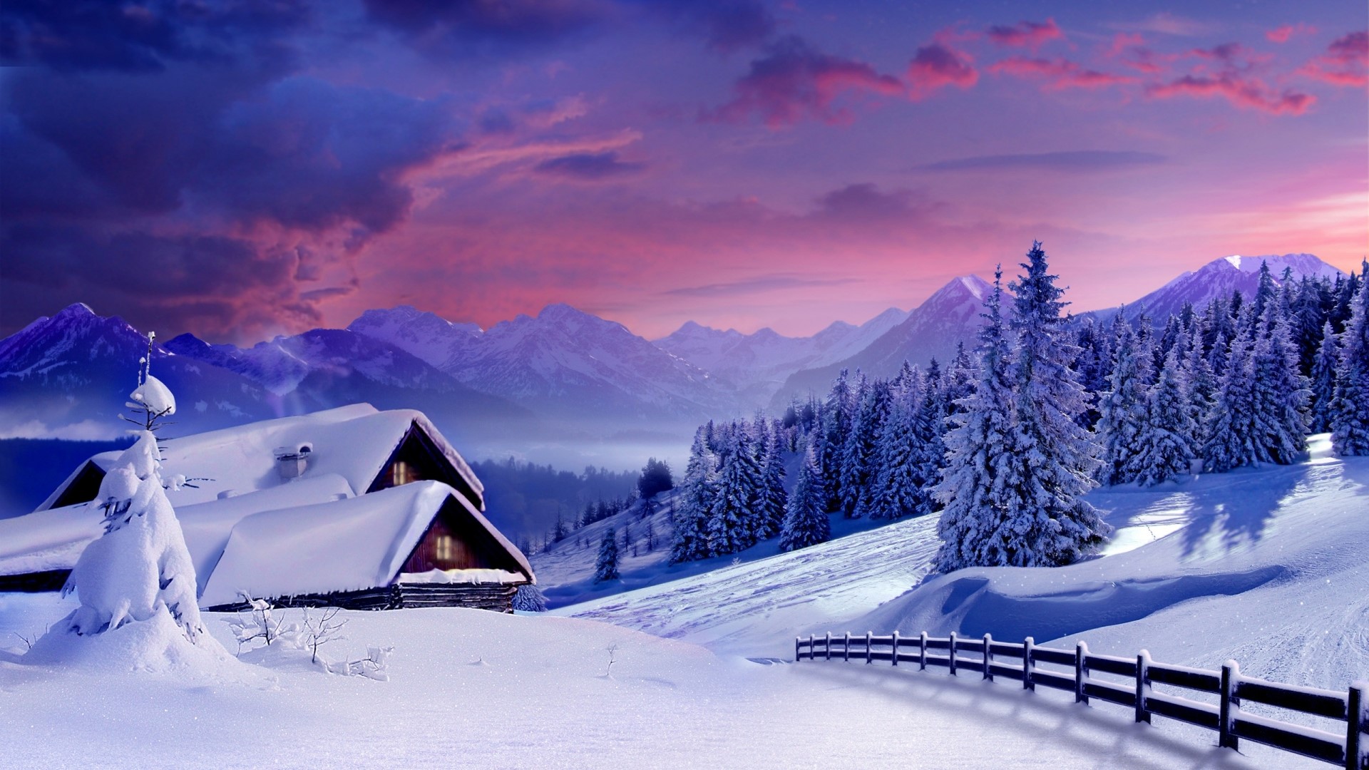 Snowy mountain landscape with cabins and pine trees HD Wallpaper