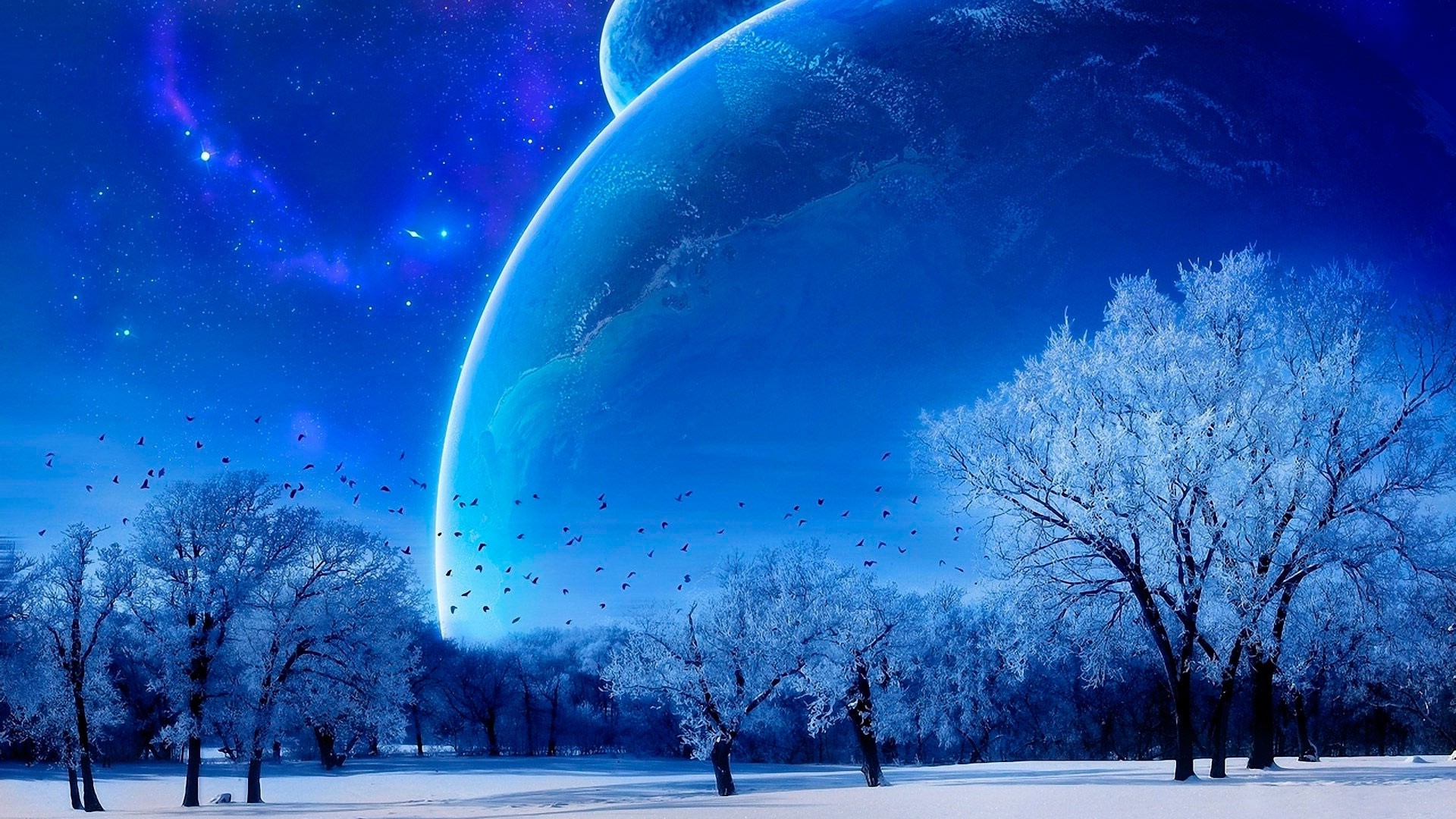 Winter landscape with planets in the sky HD Wallpaper