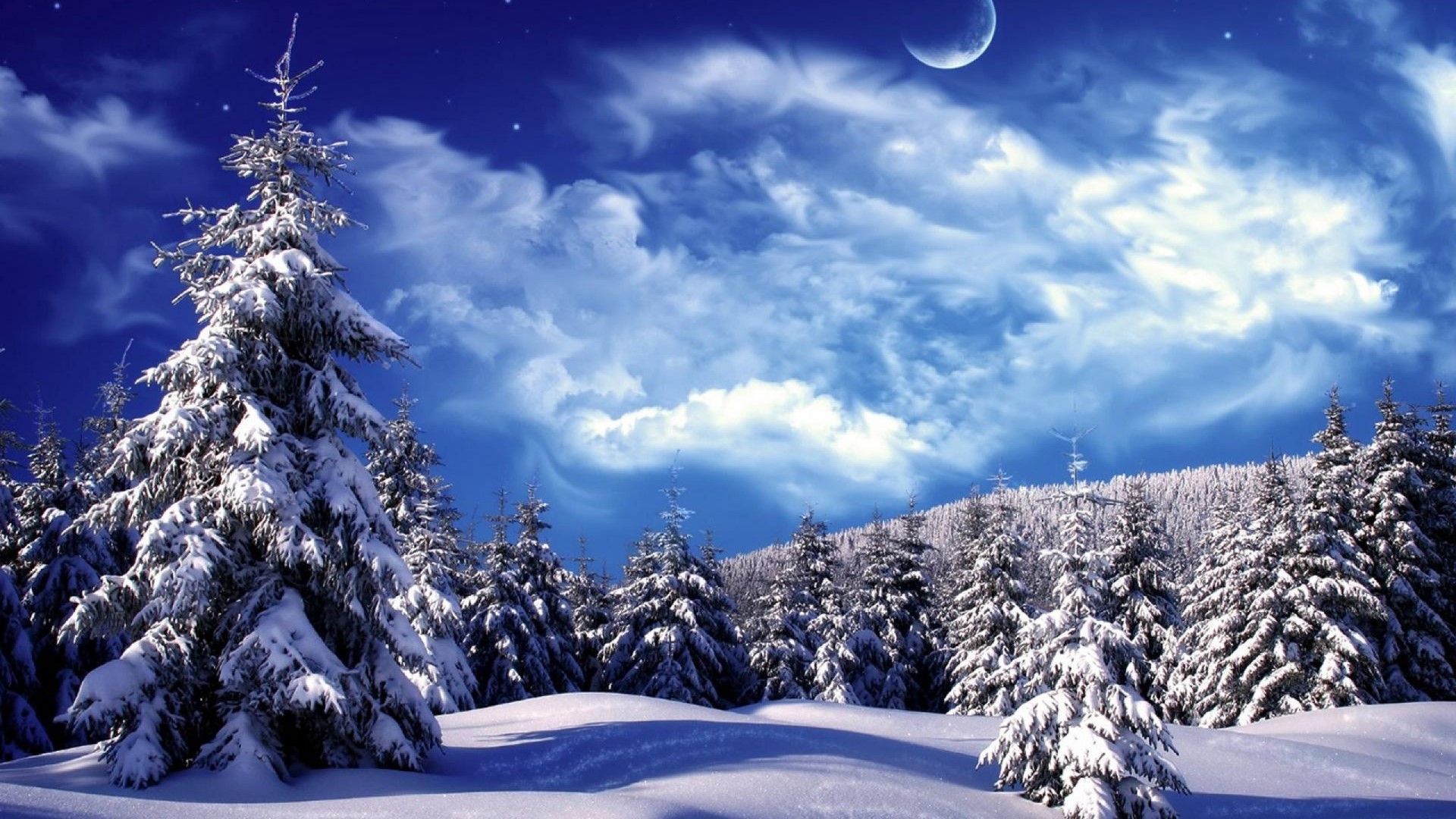 Winter landscape with snow-covered trees and moon HD Wallpaper