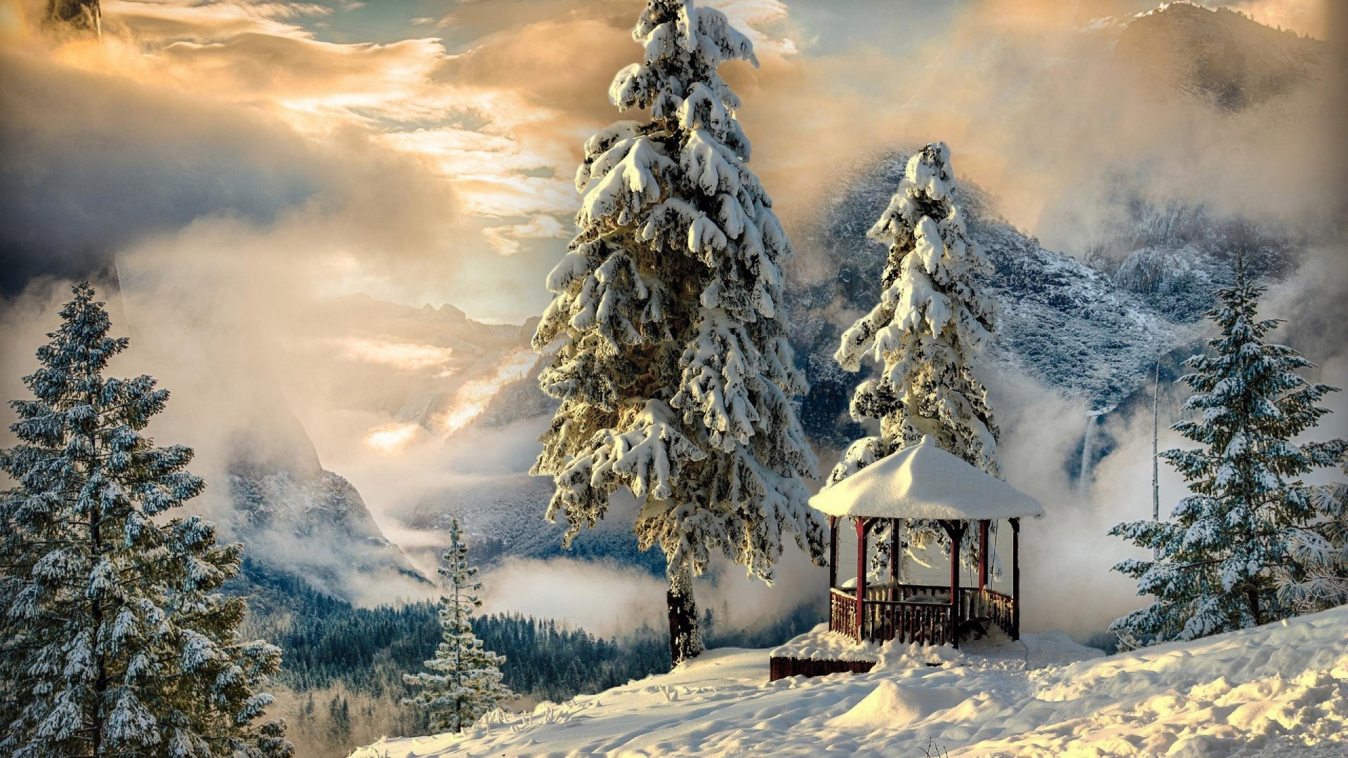 Snow-covered gazebo in a mountain landscape HD Wallpaper