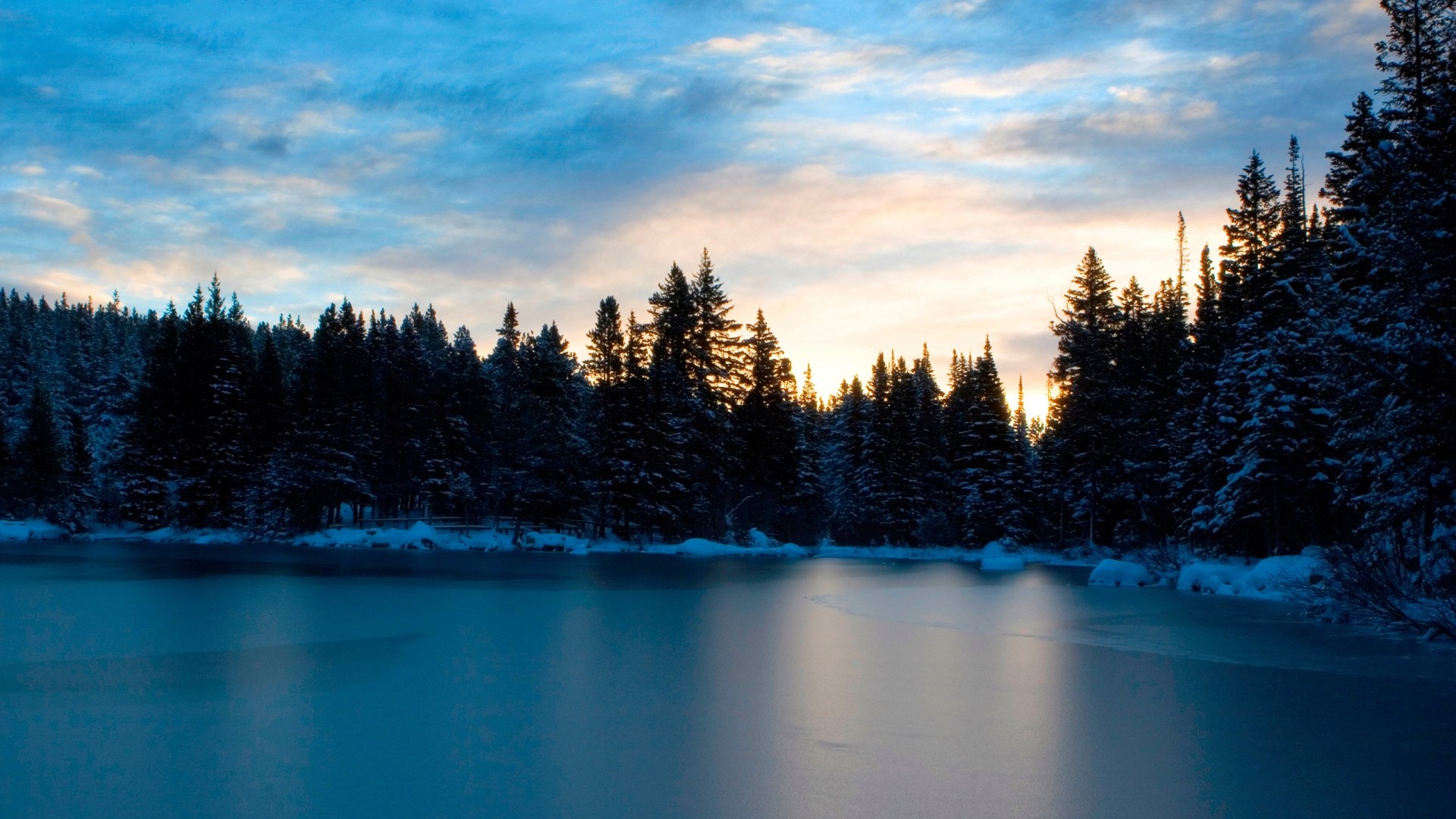Frozen lake and snow-covered pine forest at sunset HD Wallpaper