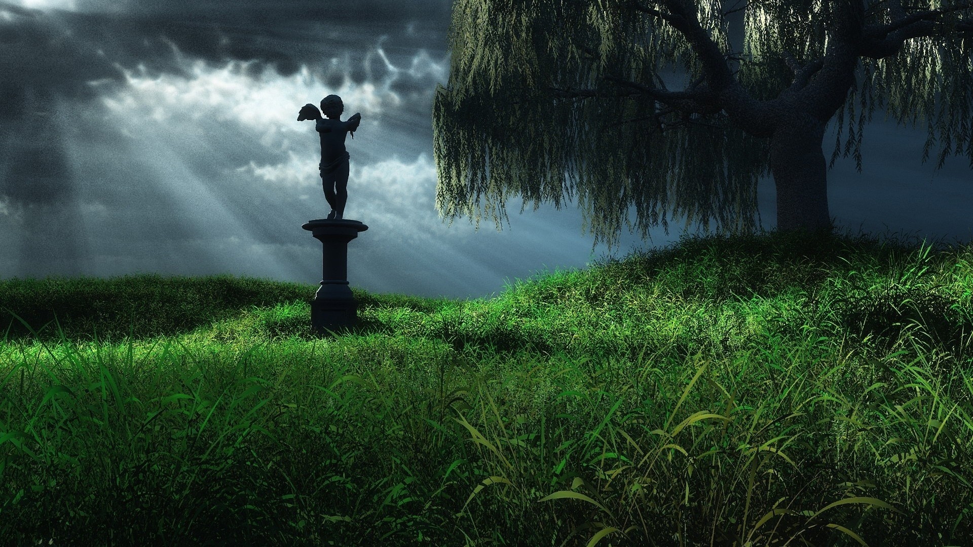 Statue of an angel on a pedestal in a field HD Wallpaper