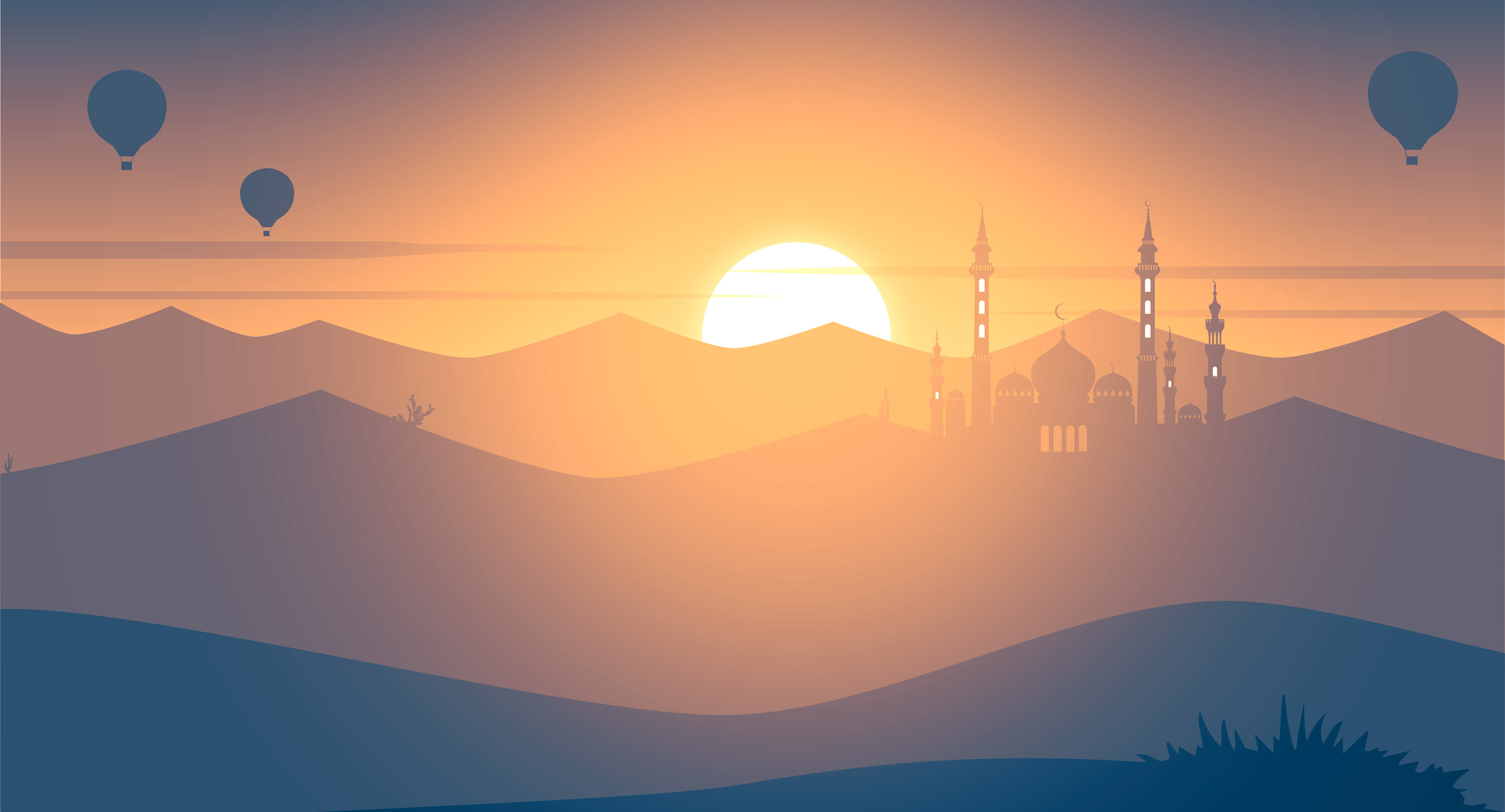 Minimalist Desert Sunset with Mosque and Hot Air Balloons 4K HD Wallpaper