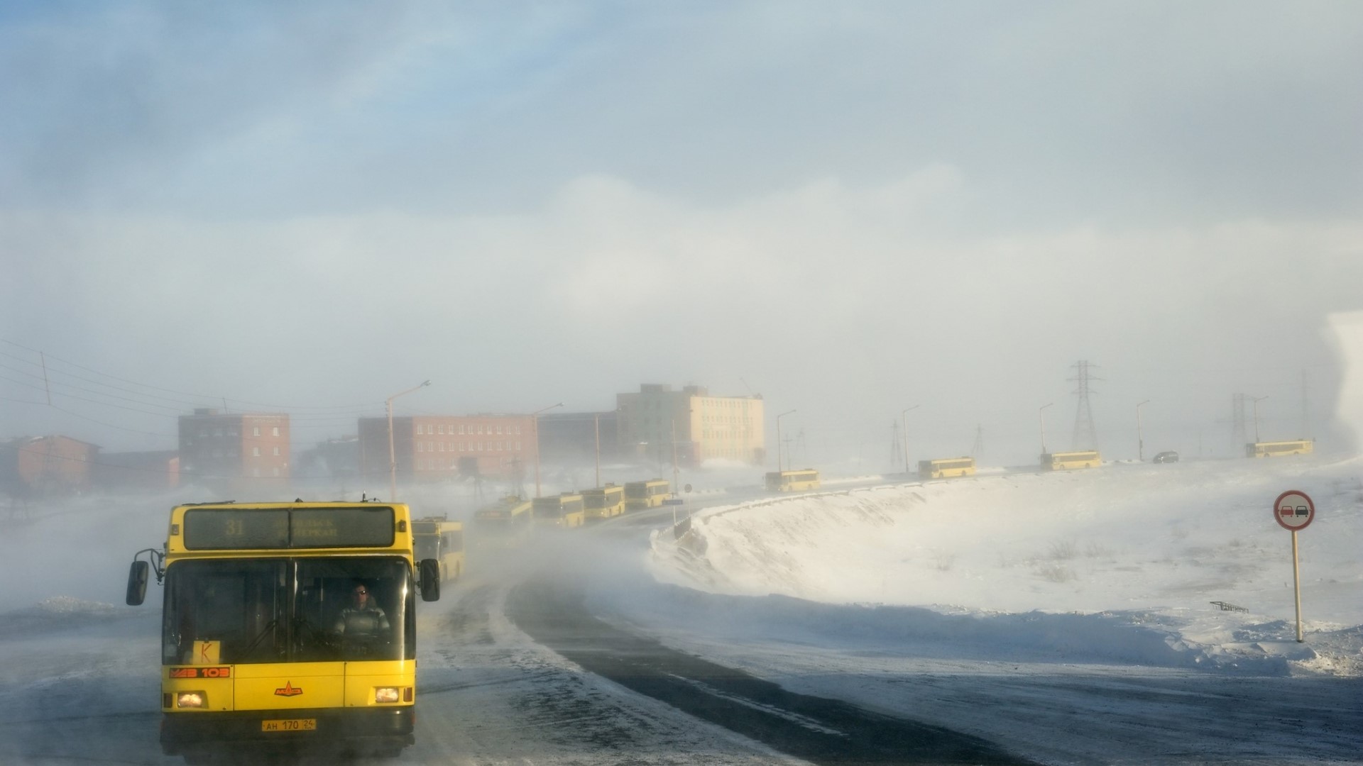 Yellow buses in Norilsk during a snowstorm HD Wallpaper