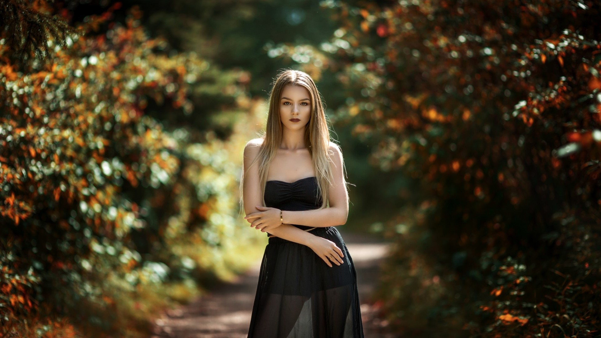 Woman in black dress in autumn forest HD Wallpaper