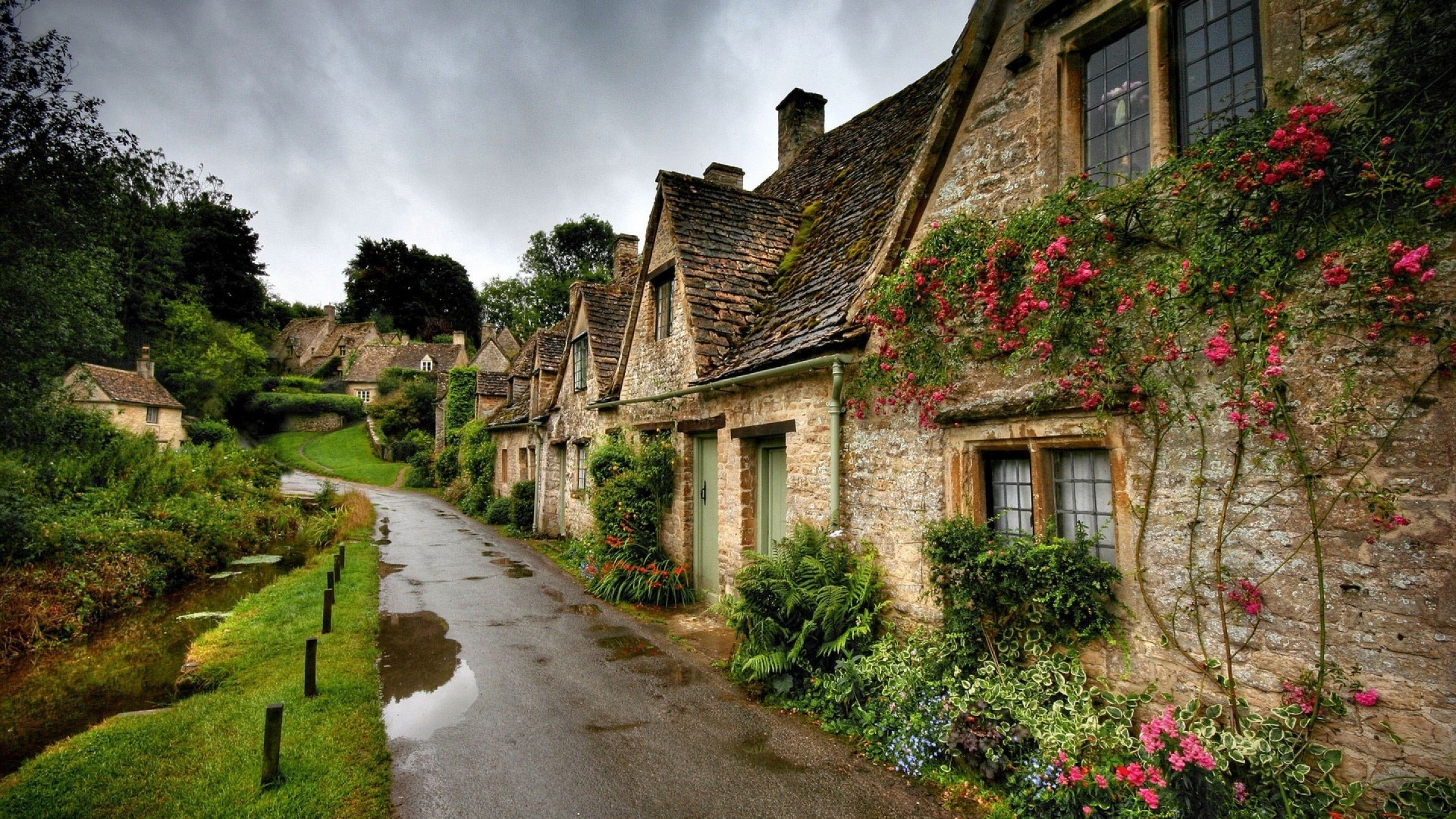 Stone Cottages on a Wet Road Lined with Flowers HD Wallpaper