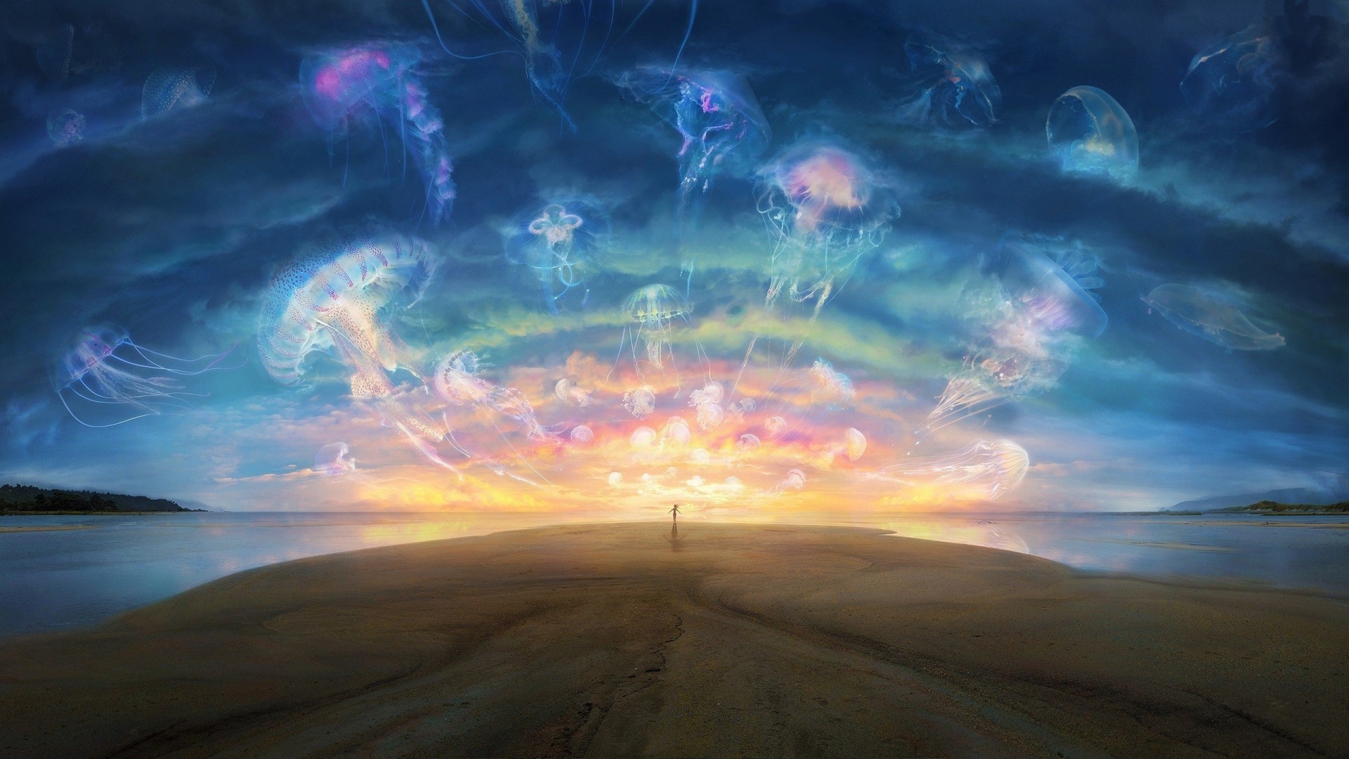 Jellyfish in the sky over a beach at sunset HD Wallpaper