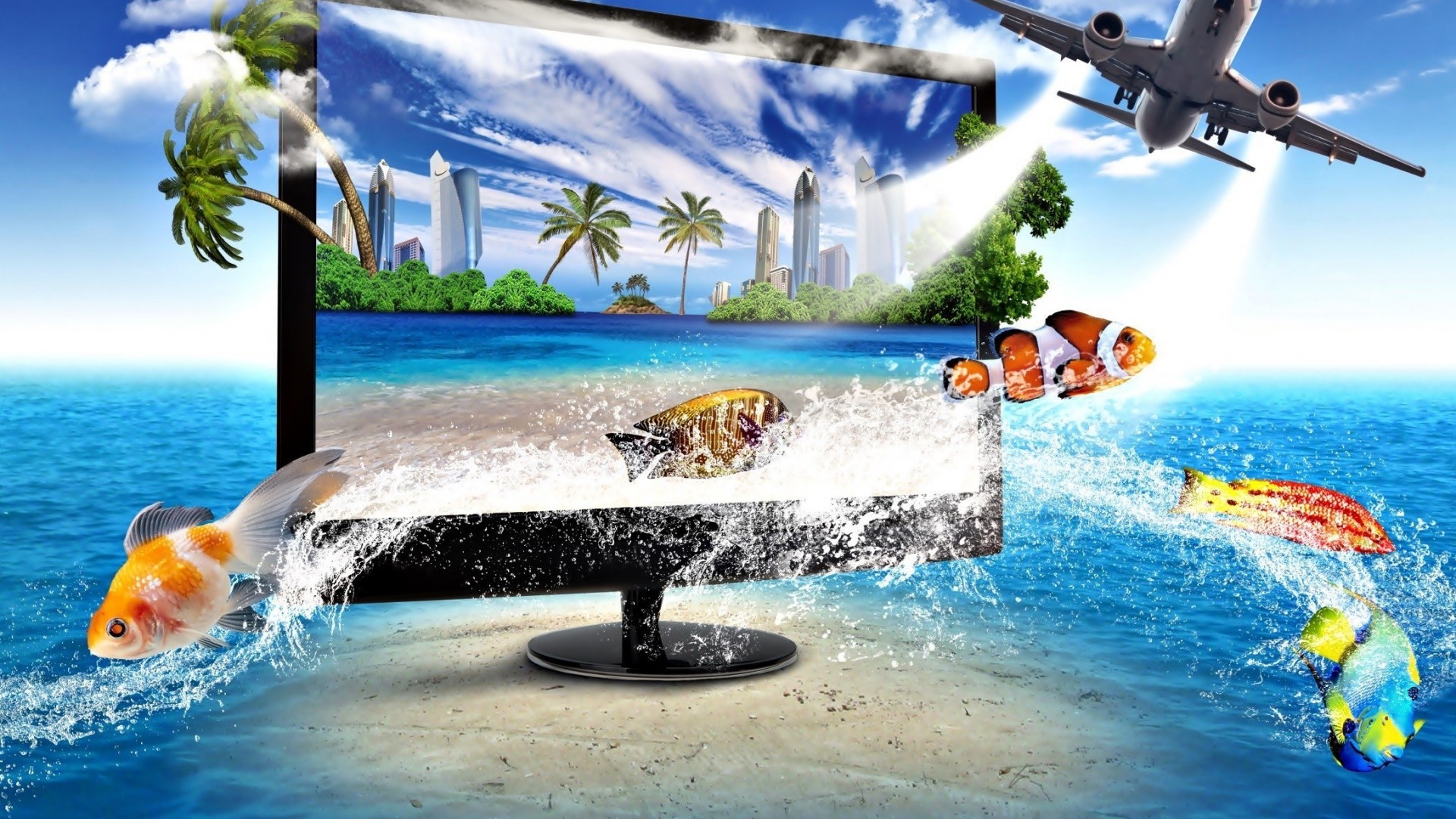 Monitor displaying a tropical beach scene with fish and an airplane HD Wallpaper