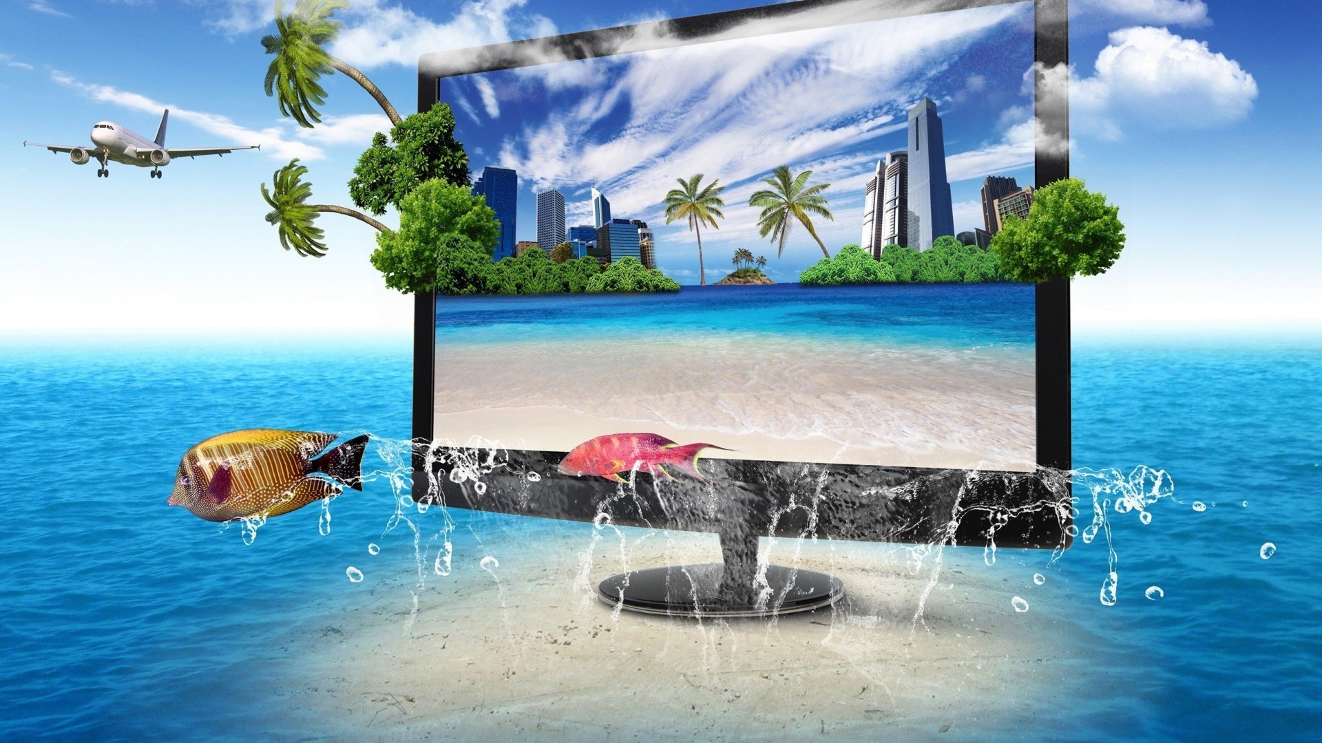 Monitor displaying tropical beach and city skyline HD Wallpaper