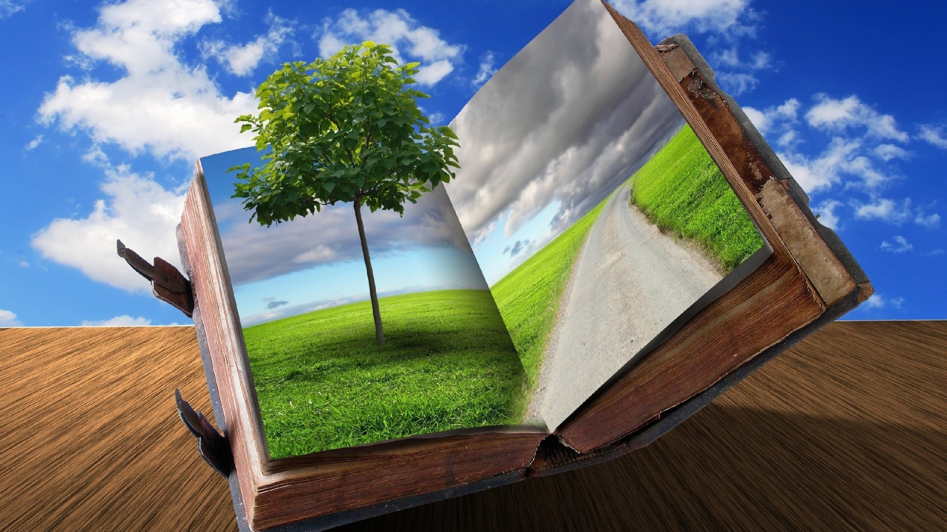 Open book with landscapes of nature HD Wallpaper