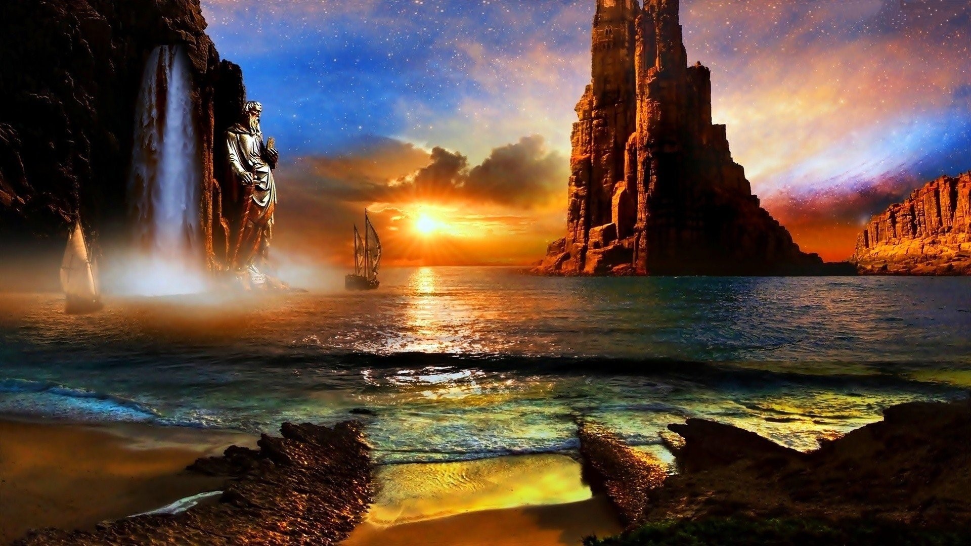 Statue by waterfall with sailing ships at sunset HD Wallpaper
