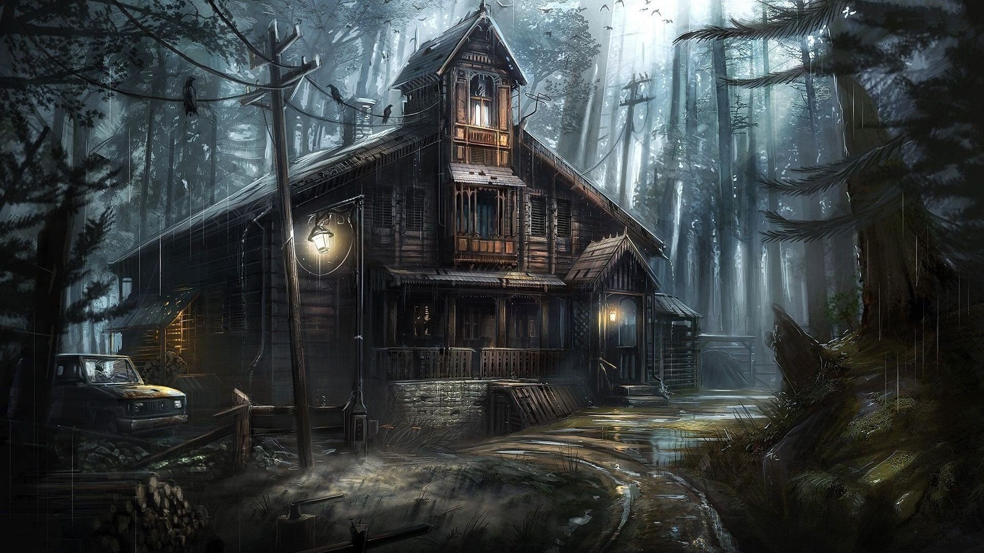 An old wooden house in a dark forest HD Wallpaper