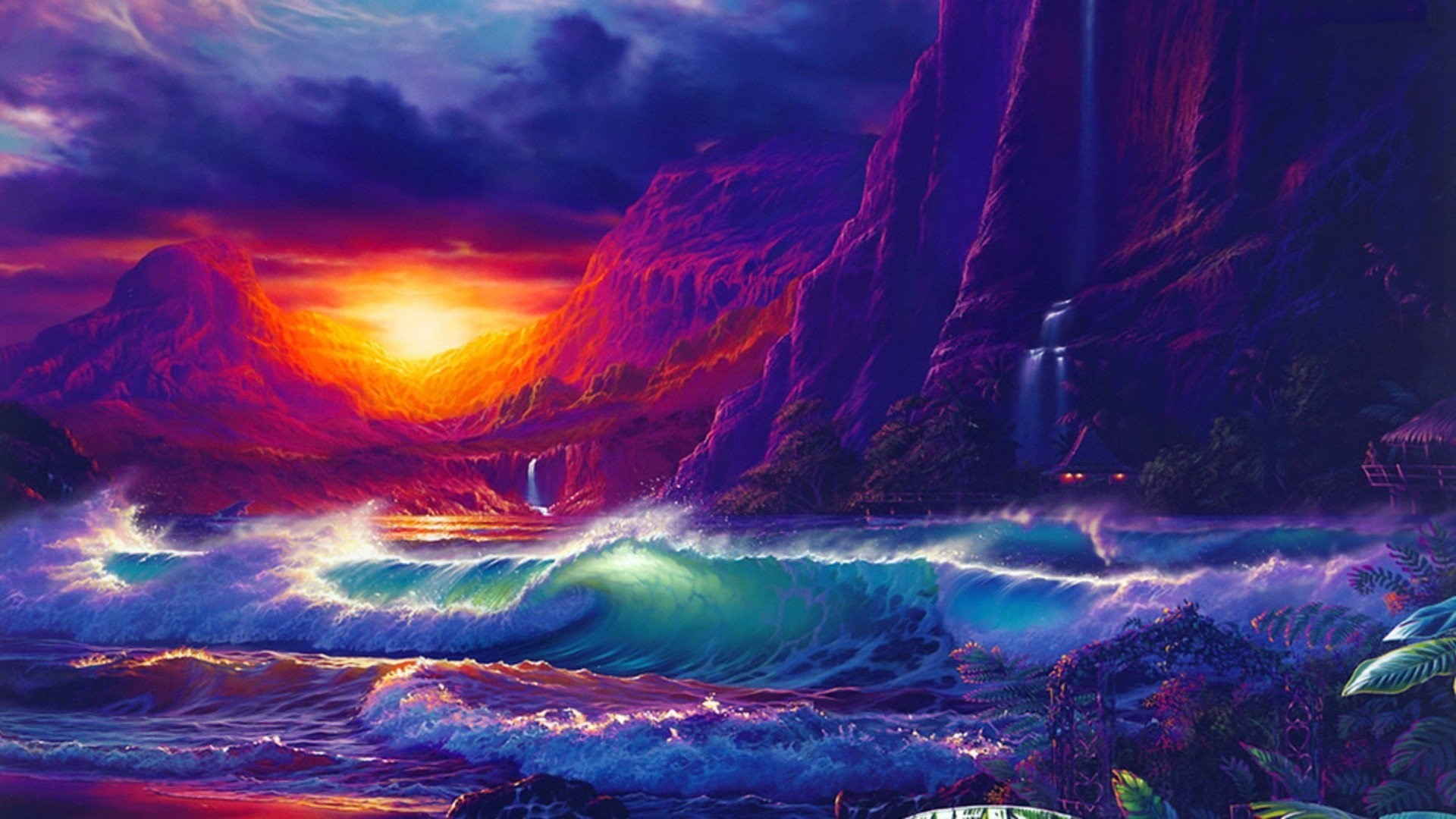 Sunset over a tropical island with waterfalls and ocean waves HD Wallpaper