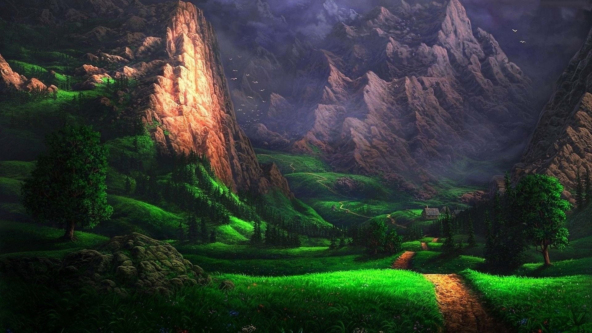 Fantasy mountain valley with a path and a house HD Wallpaper