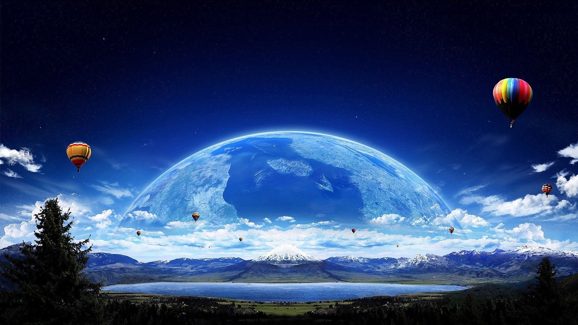 Fantasy landscape with hot air balloons and a large planet HD Wallpaper