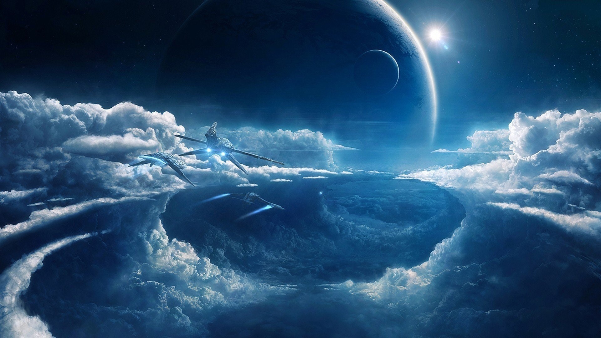 Spaceships flying through clouds near a planet HD Wallpaper