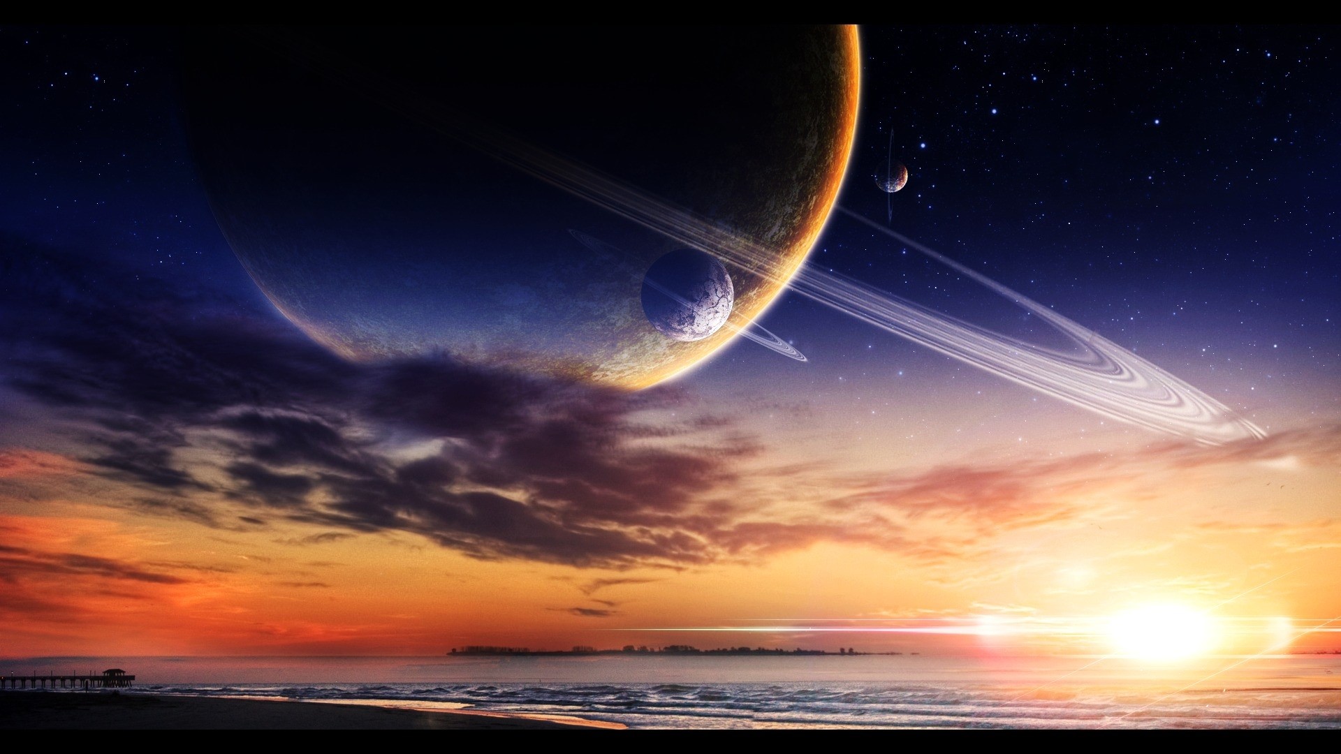 Planets and rings over a sunset beach HD Wallpaper