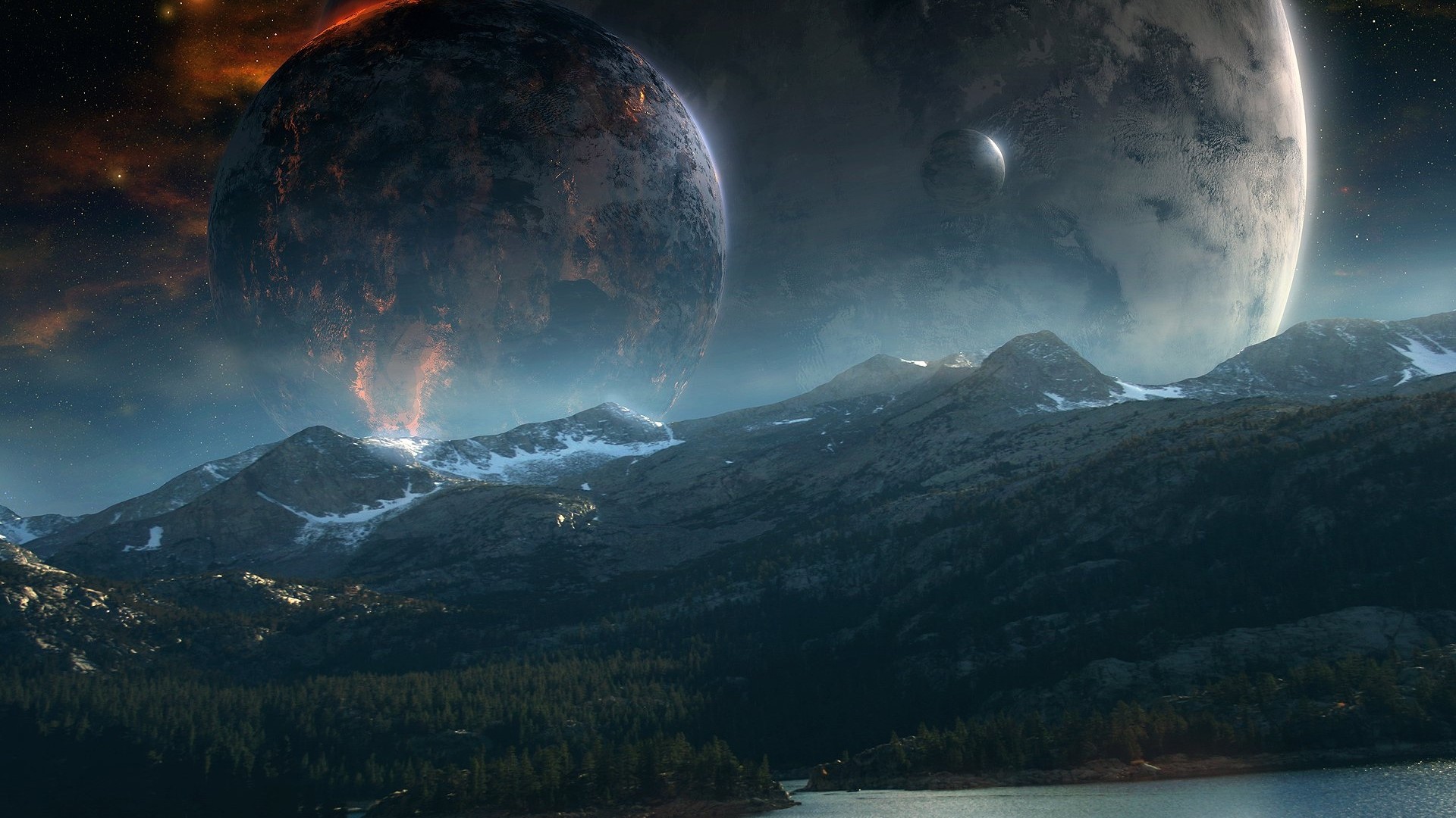 Alien planets with volcanic activity over mountains HD Wallpaper