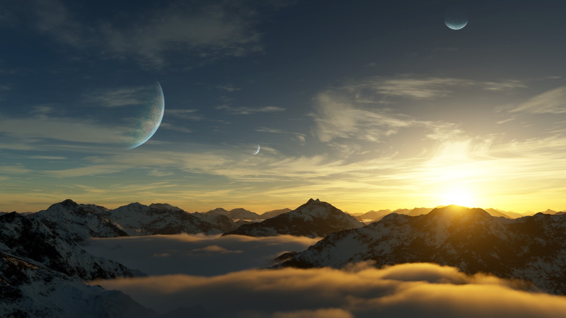 Planets over snowy mountains at sunset HD Wallpaper