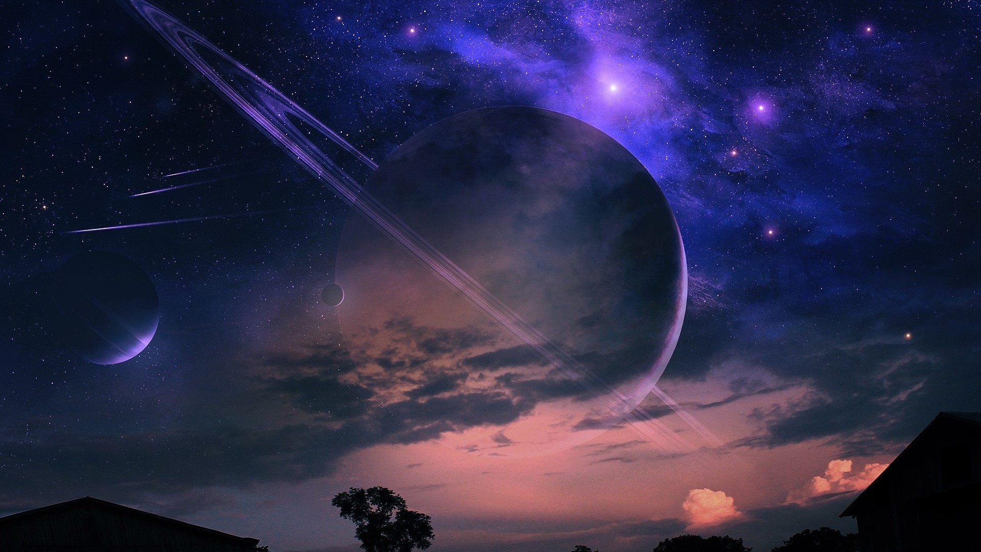 Ringed planet in a starry sky with clouds HD Wallpaper