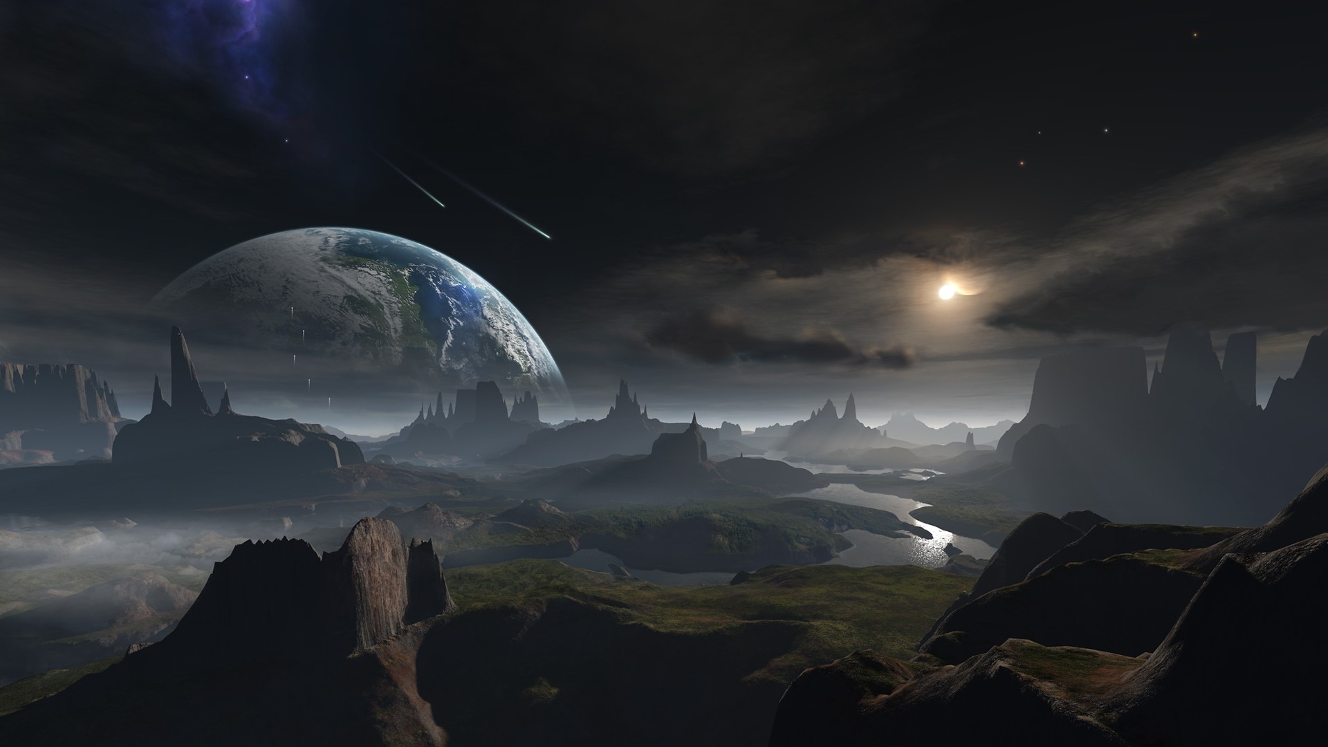 Alien landscape with Earth and meteors HD Wallpaper