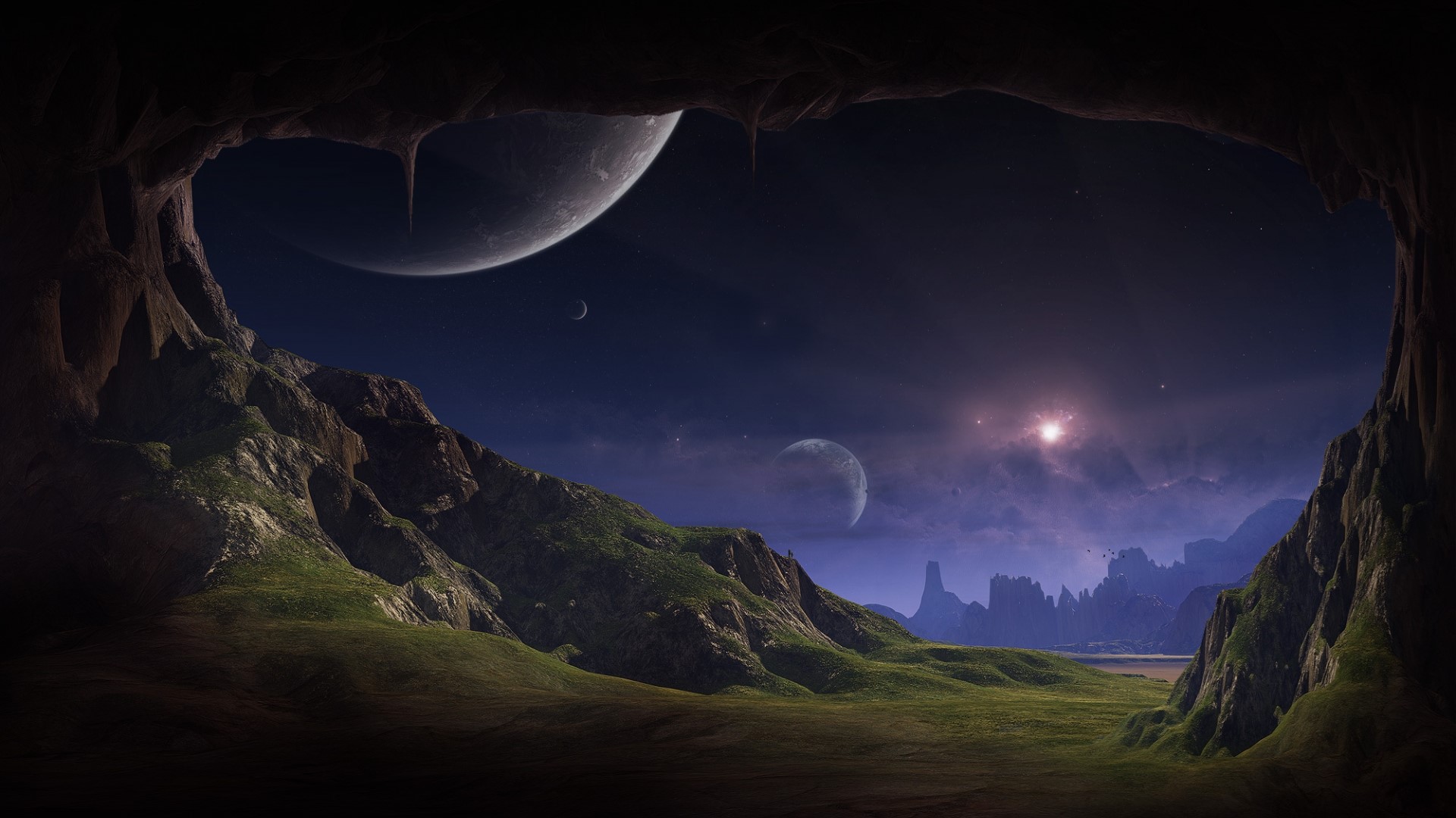 Alien landscape with planets in the sky HD Wallpaper