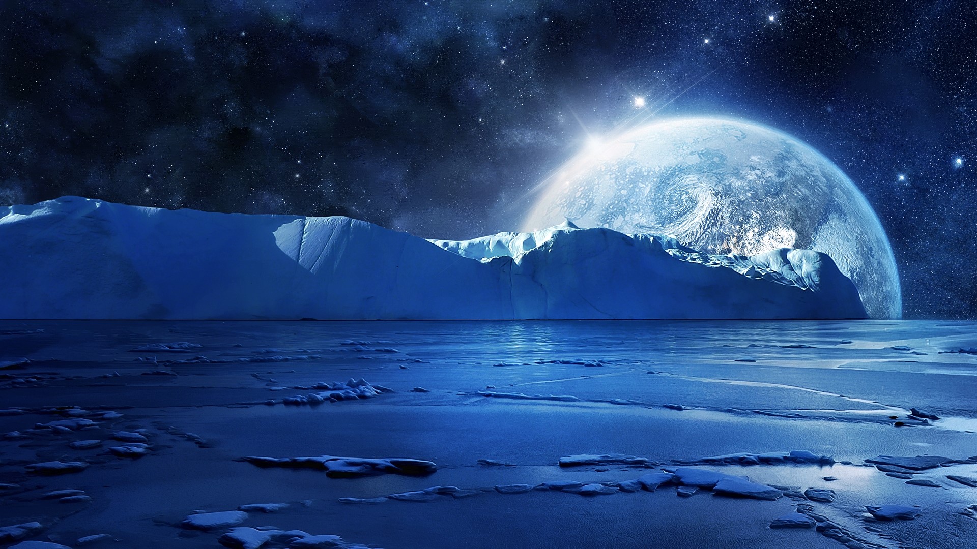 Alien planet with icebergs and a large planet in the sky HD Wallpaper