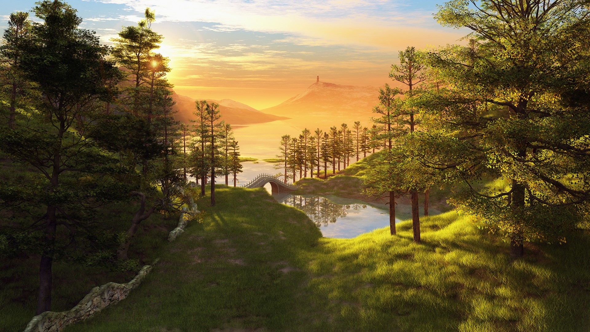 Sunrise over a tranquil lake with rolling hills and trees HD Wallpaper