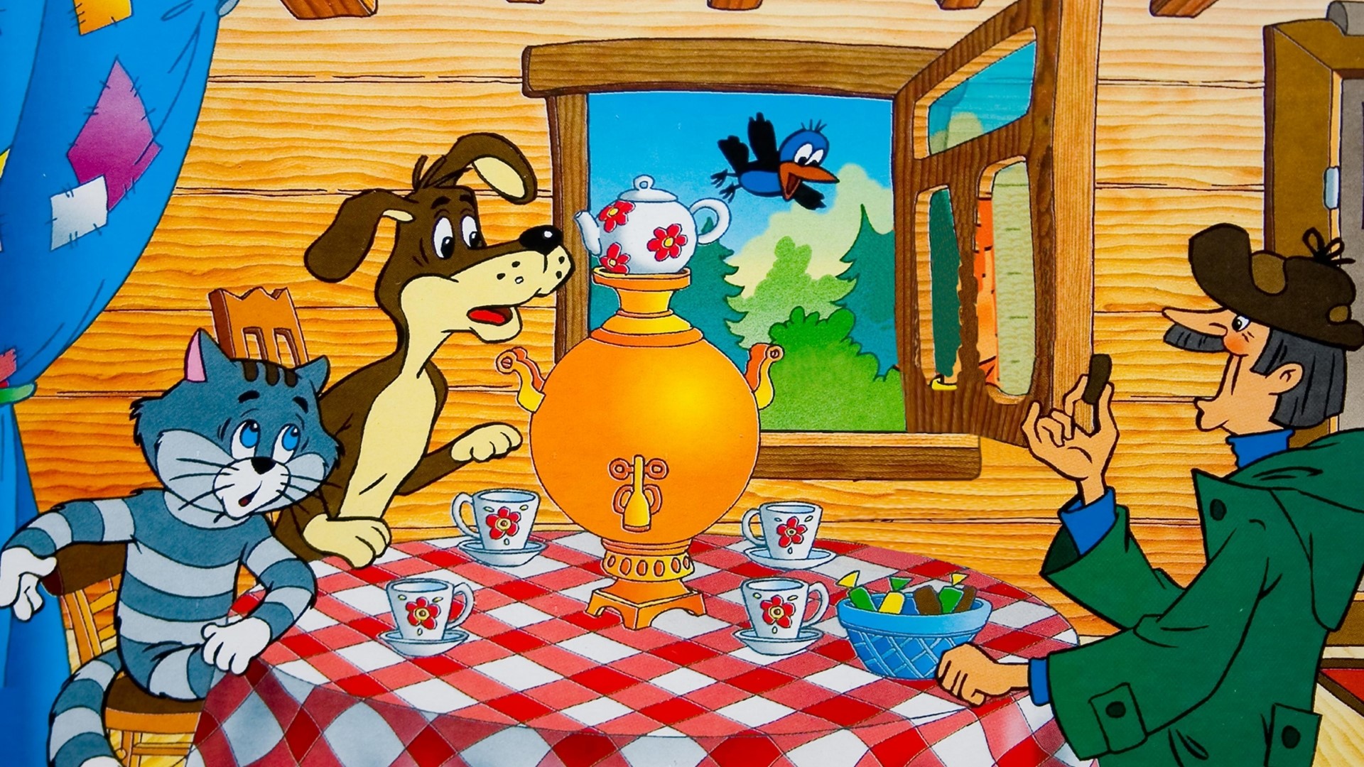 Characters from Prostokvashino with a samovar HD Wallpaper