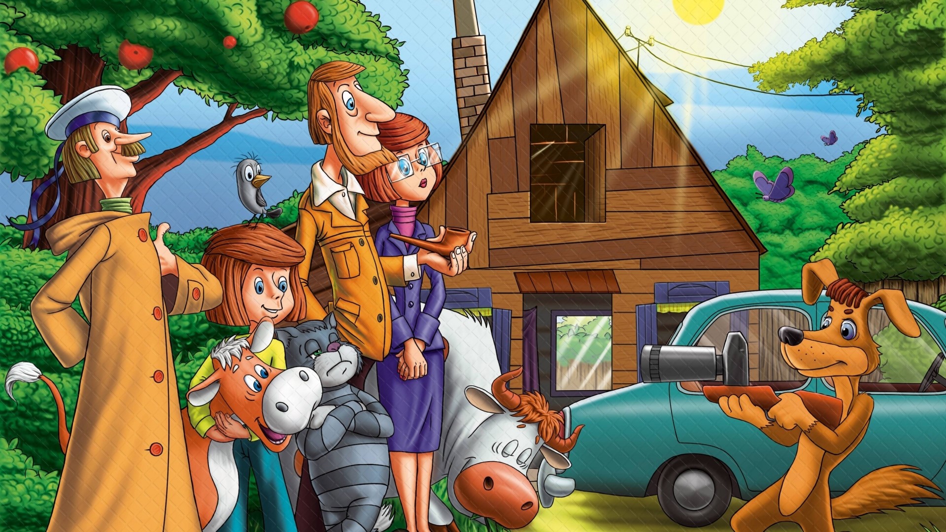 Characters from Prostokvashino with animals and a house HD Wallpaper