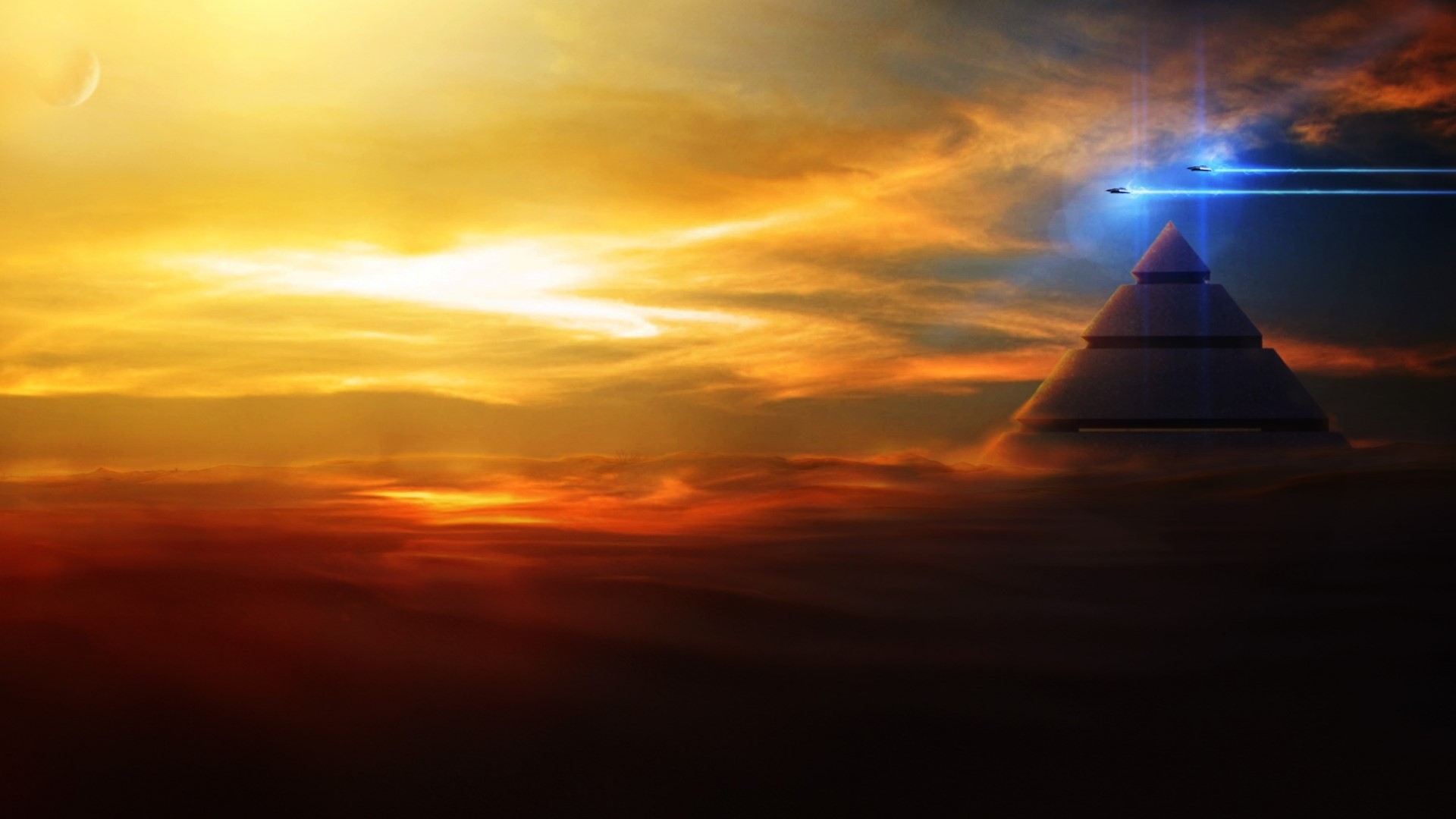 Futuristic pyramid structure with ships in a cloudy sky HD Wallpaper