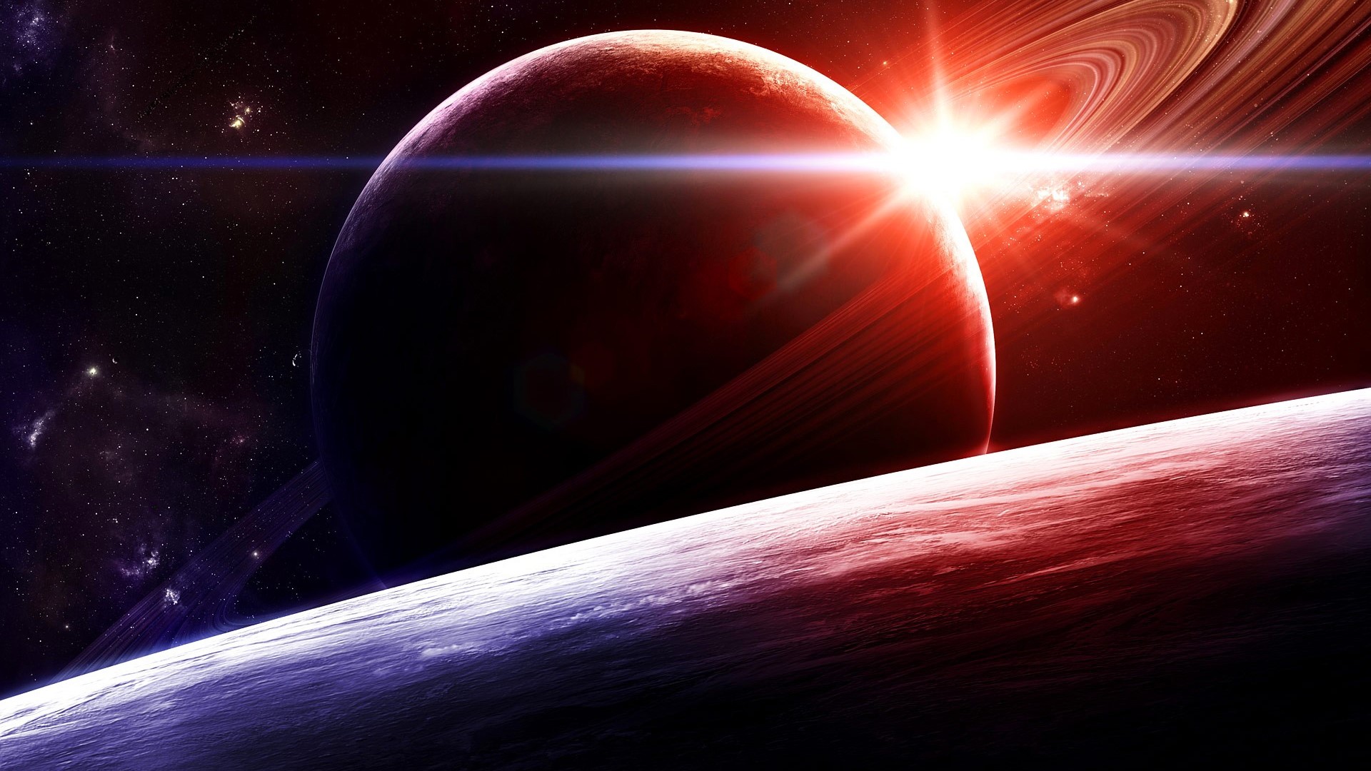 Planets and rings in a red and blue nebula HD Wallpaper