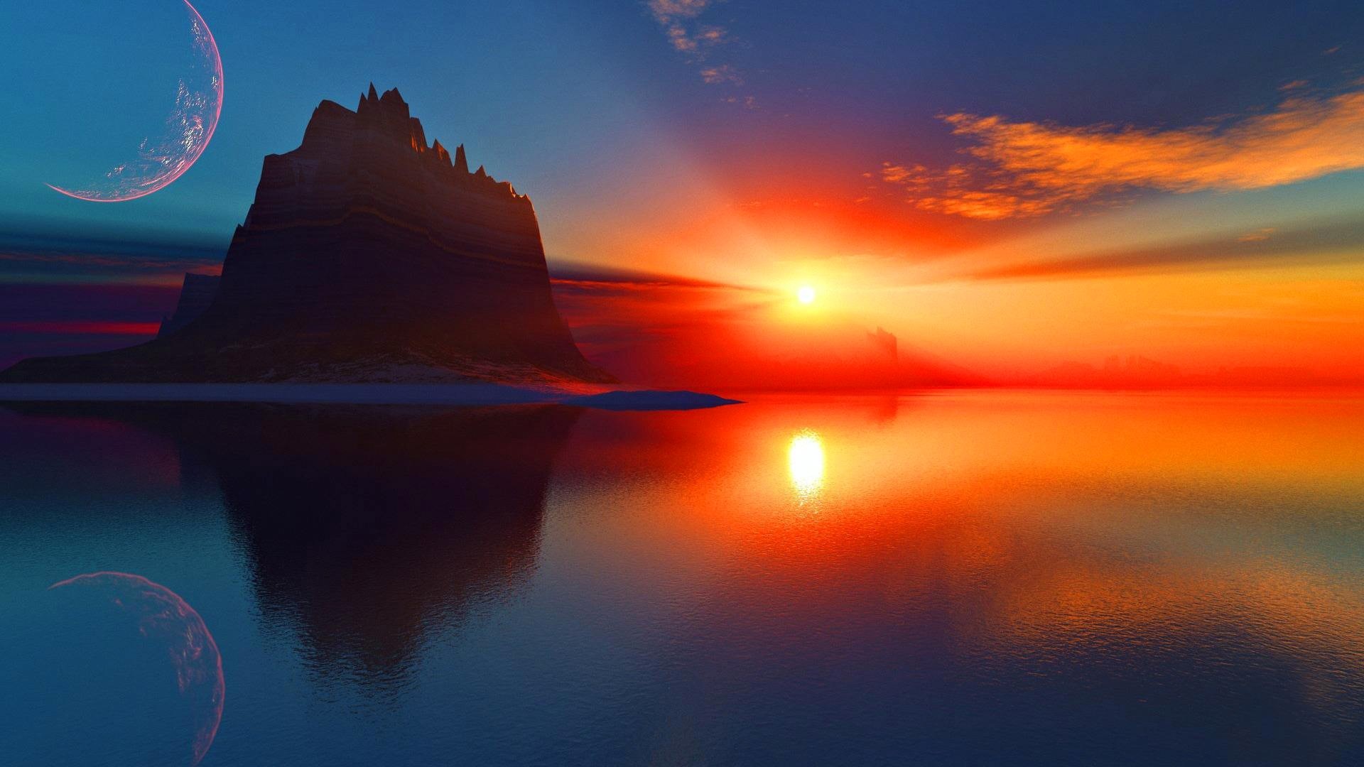 Alien Sunset Over Water with Moon and Mountain HD Wallpaper