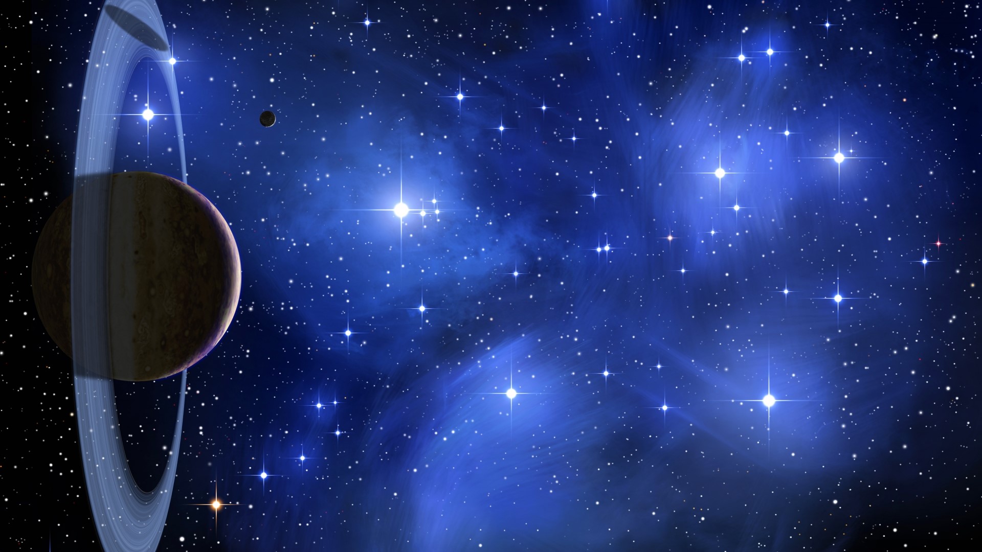 Planet with rings and moon in starry nebula HD Wallpaper