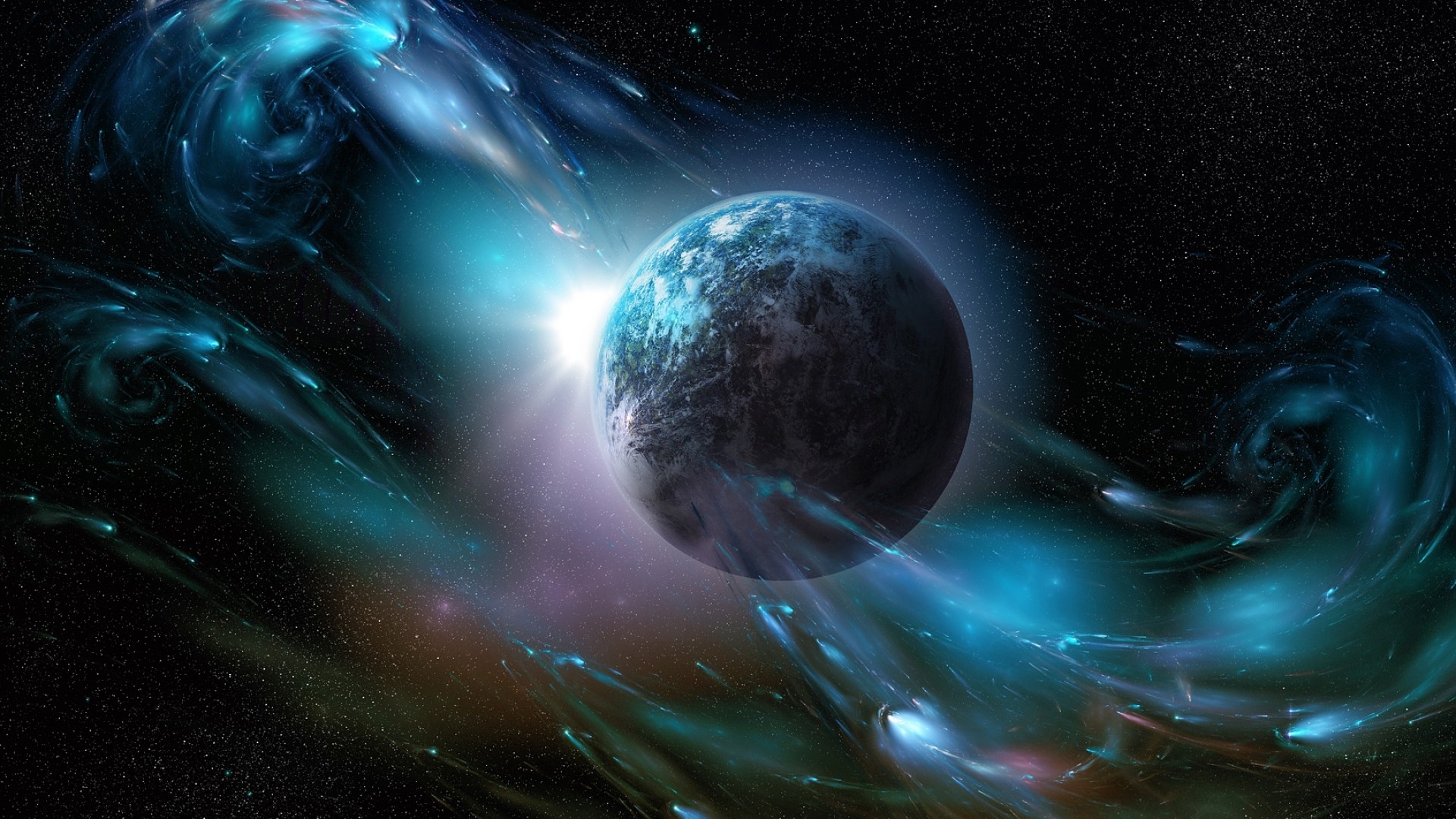 Planet in a nebula with a bright star HD Wallpaper