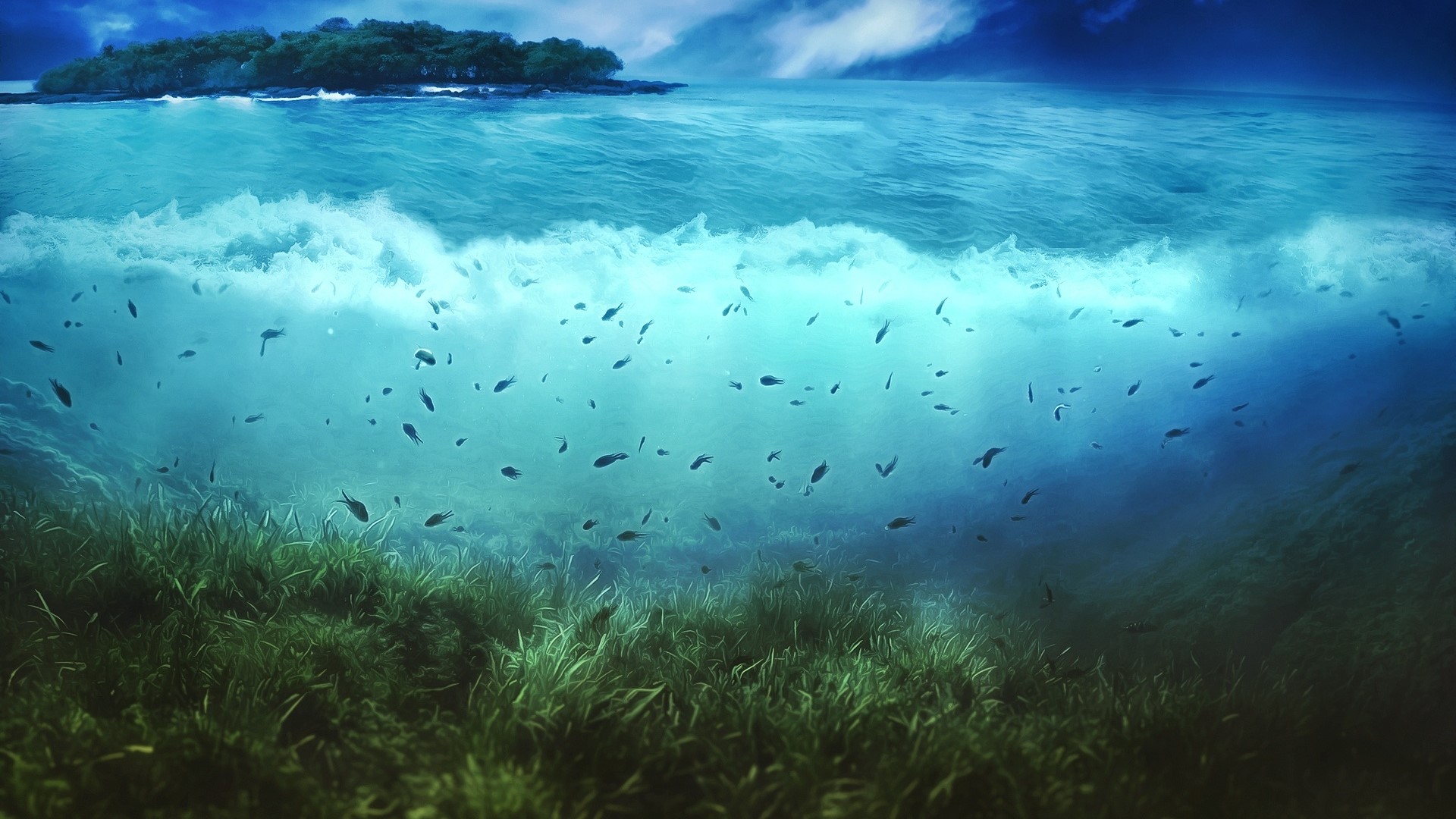 Underwater scene with islet and fish HD Wallpaper