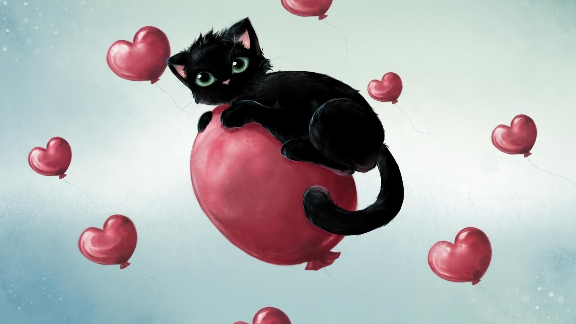 Black kitten on a red balloon surrounded by heart balloons HD Wallpaper