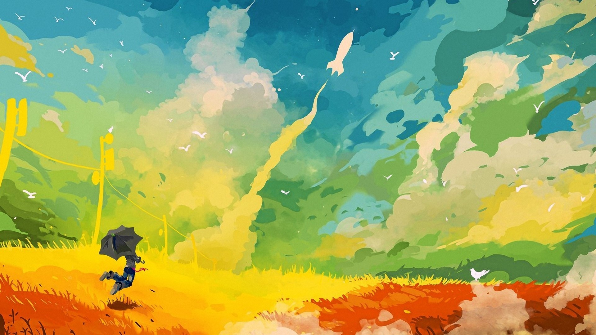 Colorful World Art with Rocket Launch HD Wallpaper