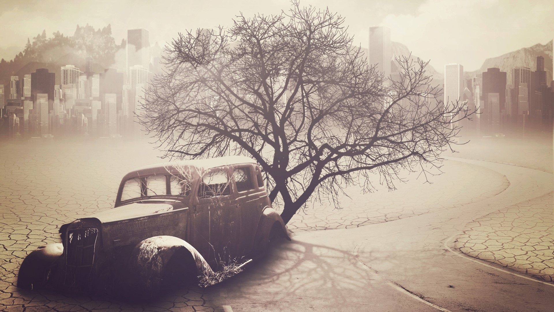Apocalyptic Scene with Abandoned Car and Cityscape HD Wallpaper