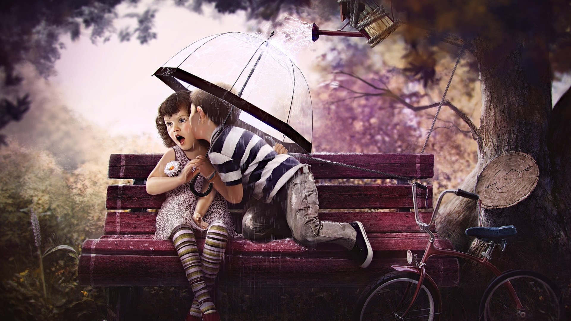 Children sharing an umbrella in the rain HD Wallpaper