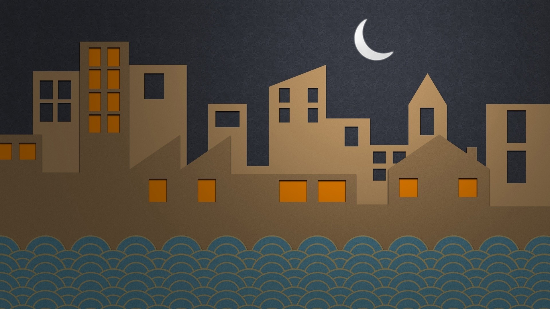 Paper city skyline at night with crescent moon HD Wallpaper