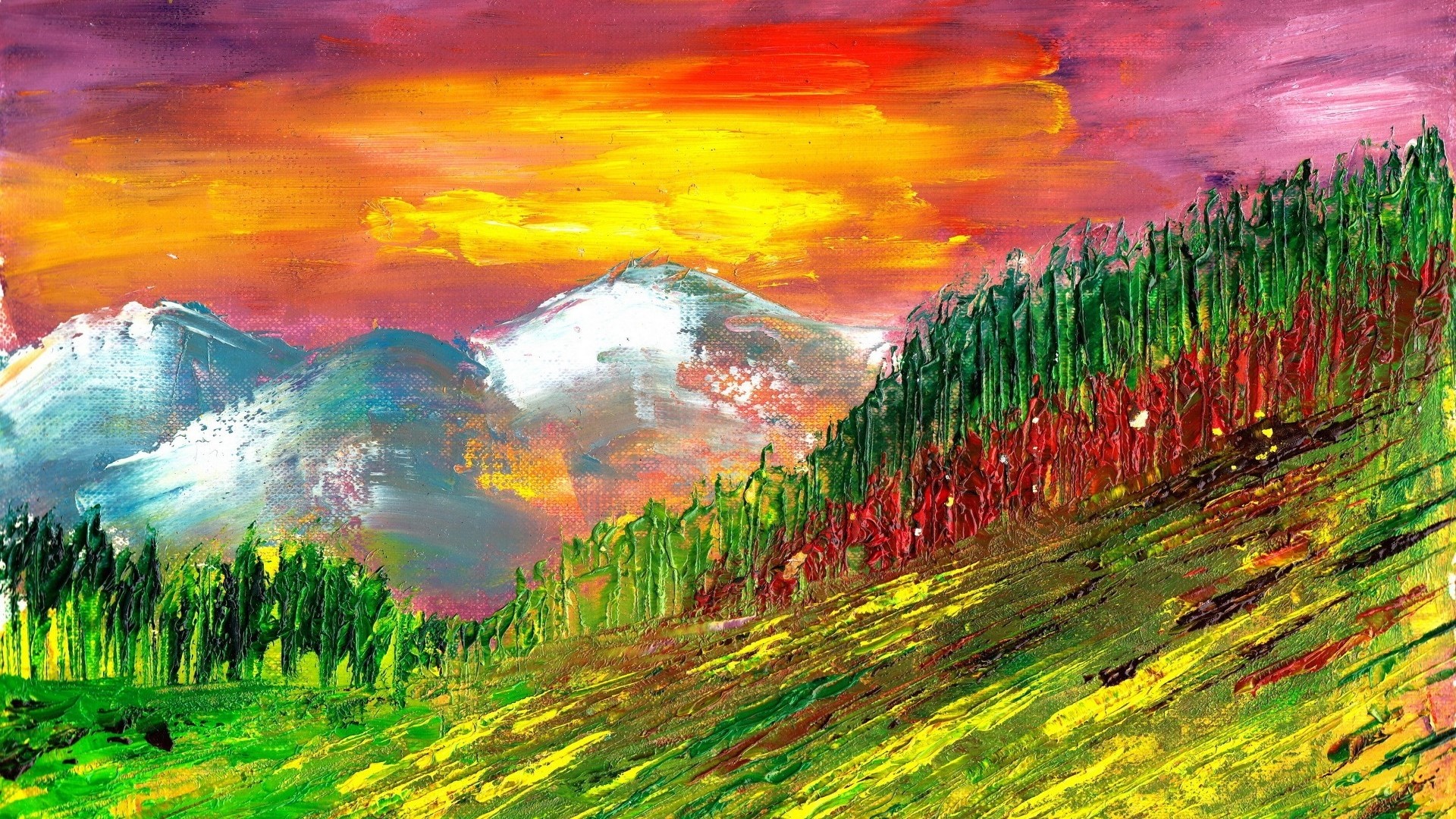 Colorful Oil Painting of Mountains and Forest HD Wallpaper