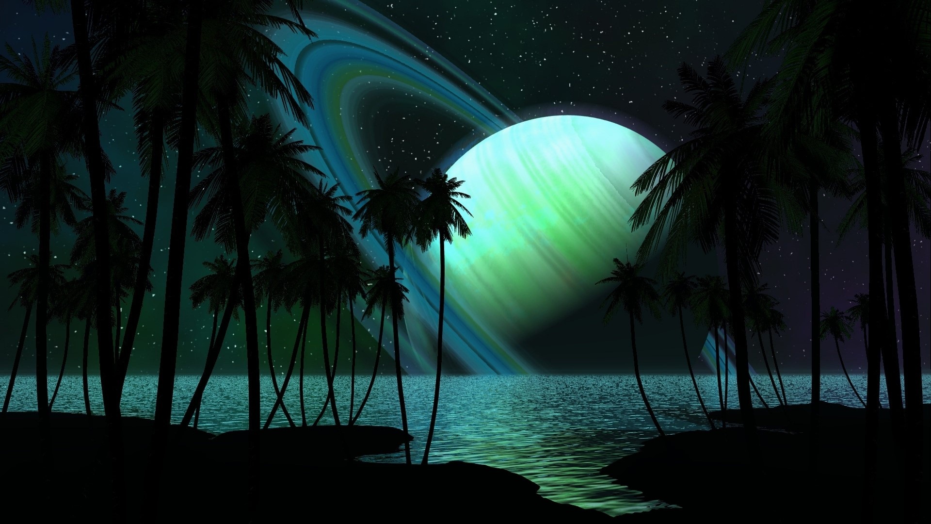 Fantasy Planet with Rings over Tropical Beach at Night HD Wallpaper