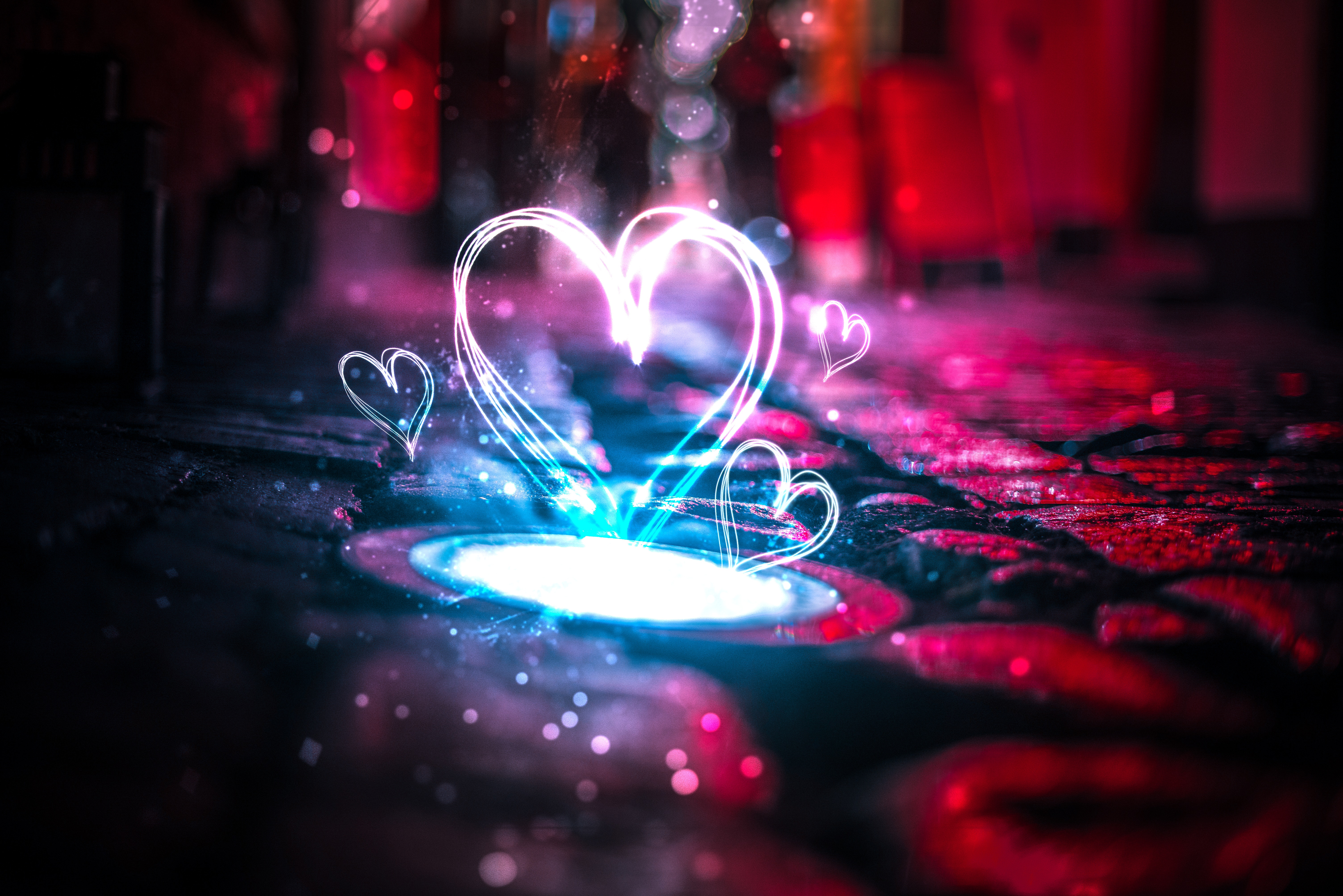 4K, Love hearts, Neon lights HD Wallpaper